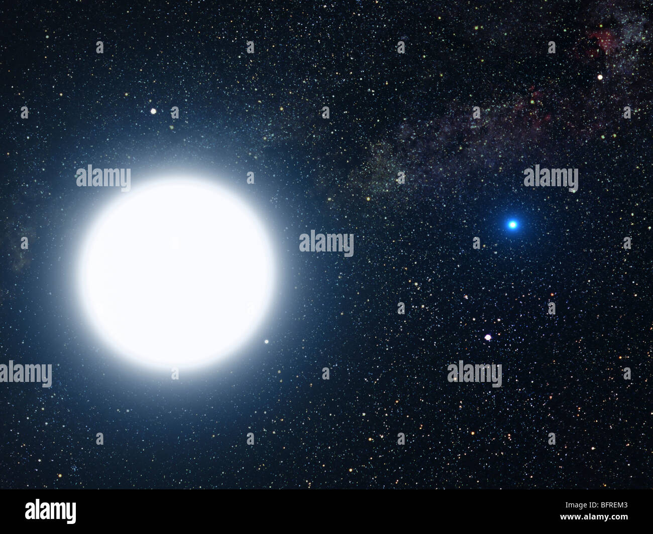 Artista del concetto che mostra il sistema stellare binario di Sirio A e Sirio B. Foto Stock