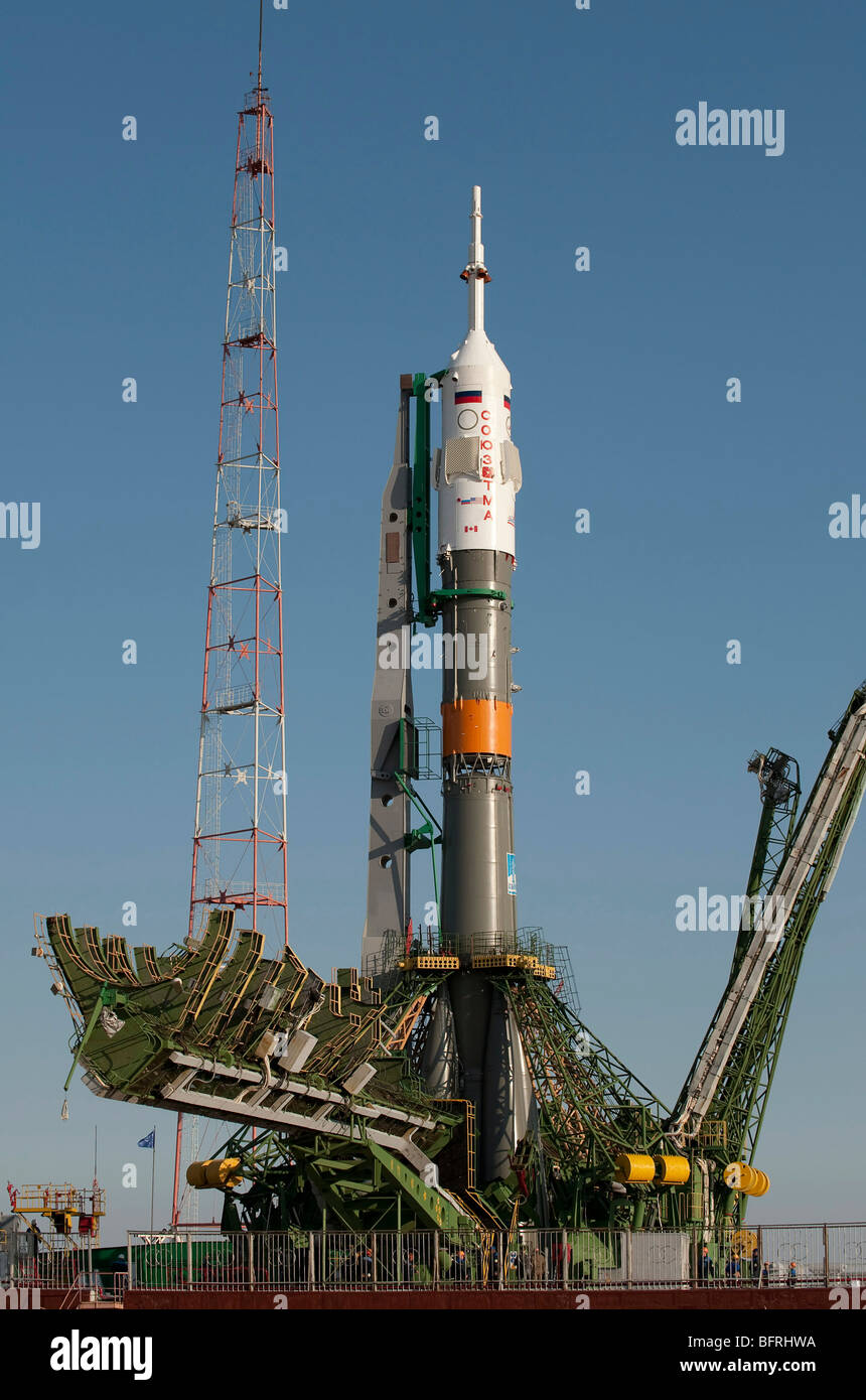 Settembre 28, 2009 - Il razzo Soyuz è visto poco dopo il vostro arrivo al launch pad al cosmodromo di Baikonur in Kazakistan. Foto Stock