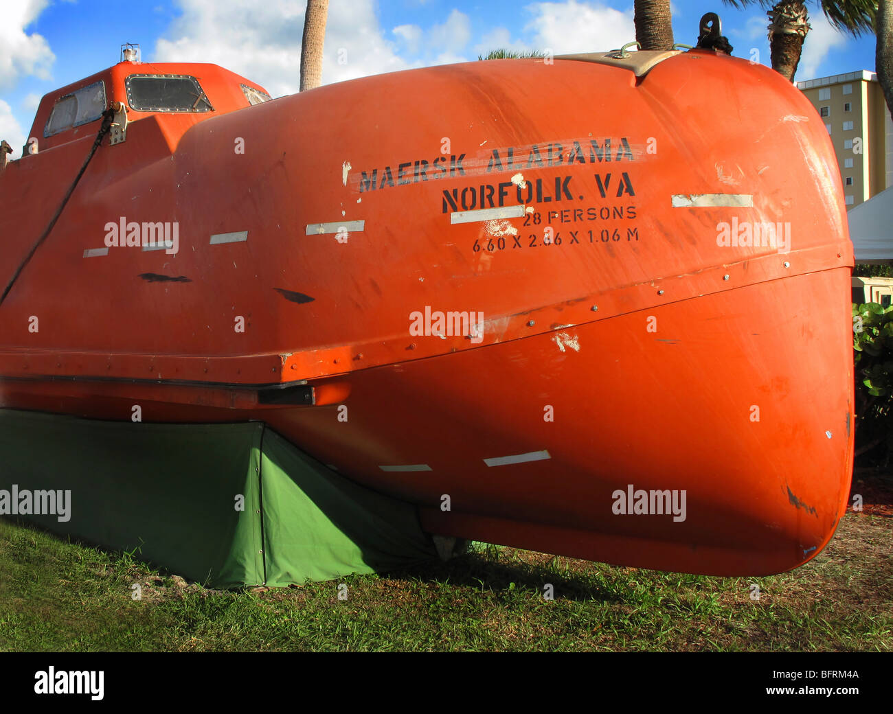 La nave mercantile Maersk Alabama scialuppa di salvataggio sul display in Fort Pierce, Florida. Foto Stock