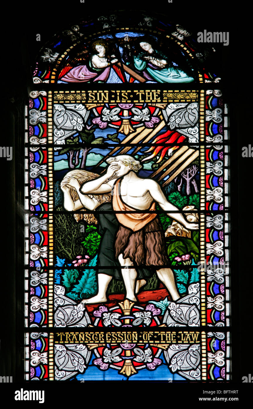 Particolare di una vetrata che raffigura Adamo ed Eva banditi dal Giardino di Eden, Sin originale, Wilton Parish Church, Wilton, Wiltshire Foto Stock