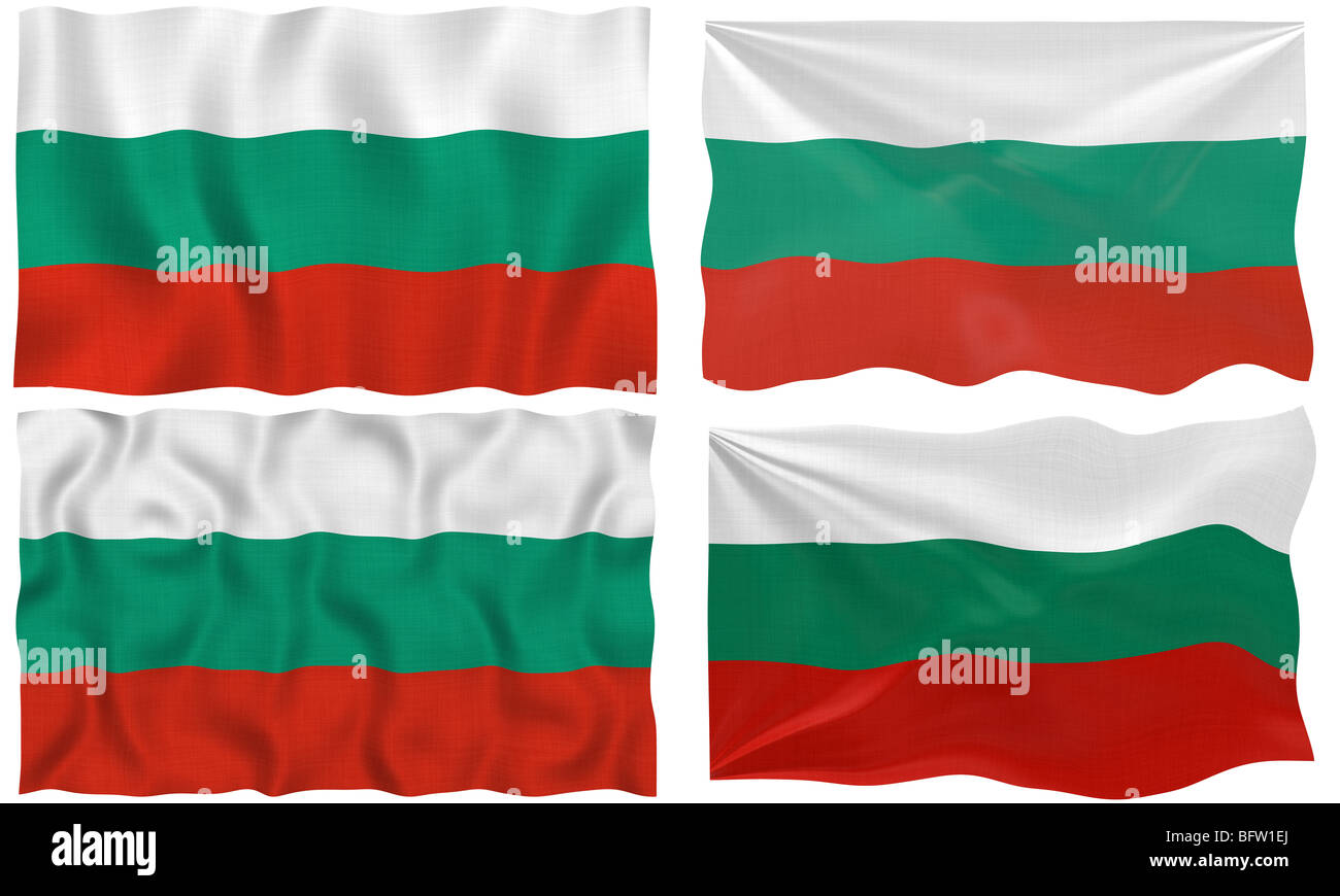 Grande immagine sul bianco delle quattro bandiere di Bulgaria Foto Stock