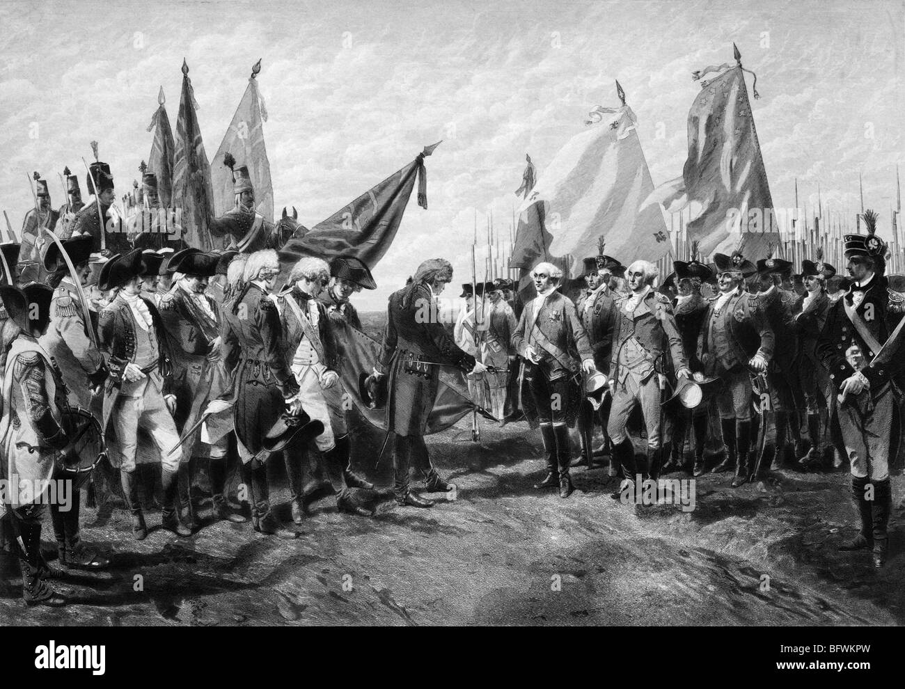 La stampa mostra la resa di Lord Cornwallis a George Washington e delle forze francesi in seguito all'assedio di Yorktown nel 1781. Foto Stock
