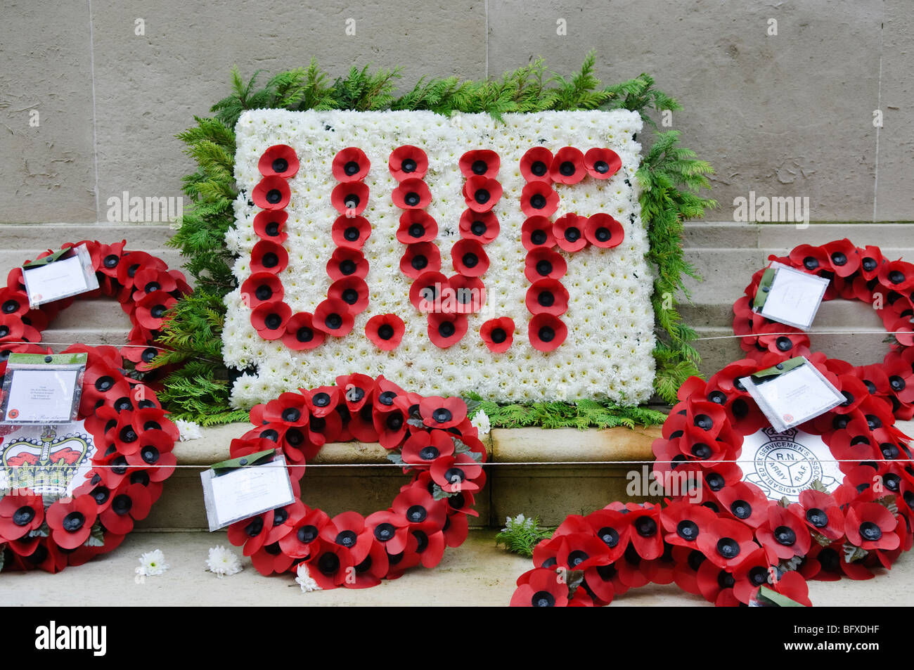 Il papavero ghirlande presso il Cenotafio, Belfast, inclusa una grande weath per l'Ulster Volunteer Force (UVF) Foto Stock
