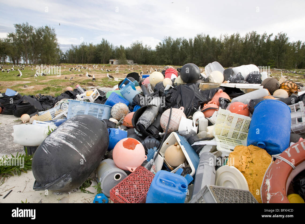 Detriti marini ha portato a Midway Atoll dalle correnti oceaniche, raccolti per essere spediti fuori isola per lo smaltimento o il riciclaggio Foto Stock