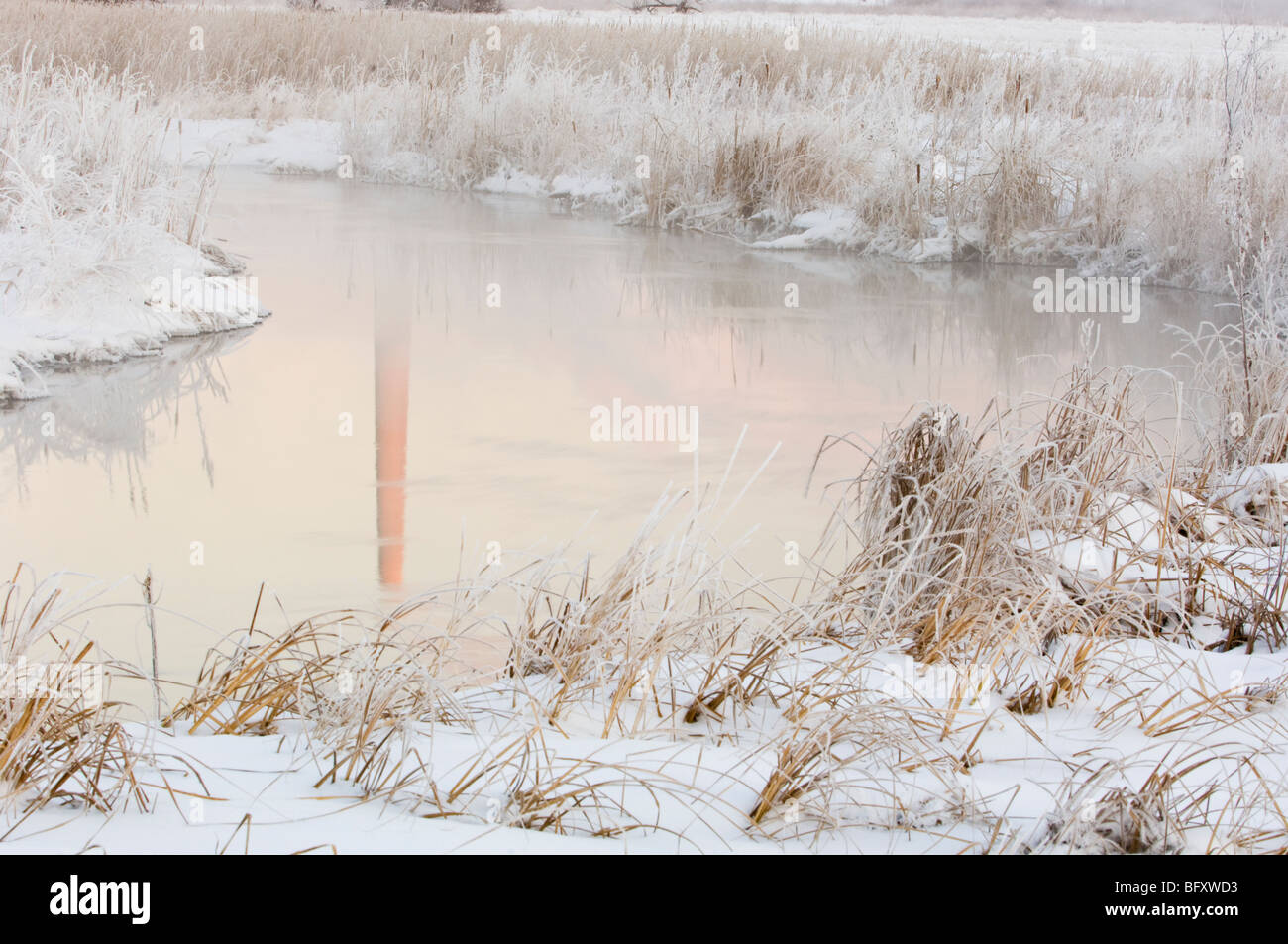 Erbe smerigliato e Vale Superstack riflesso in acque aperte di Robinson Creek, maggiore Sudbury, Ontario, Canada Foto Stock