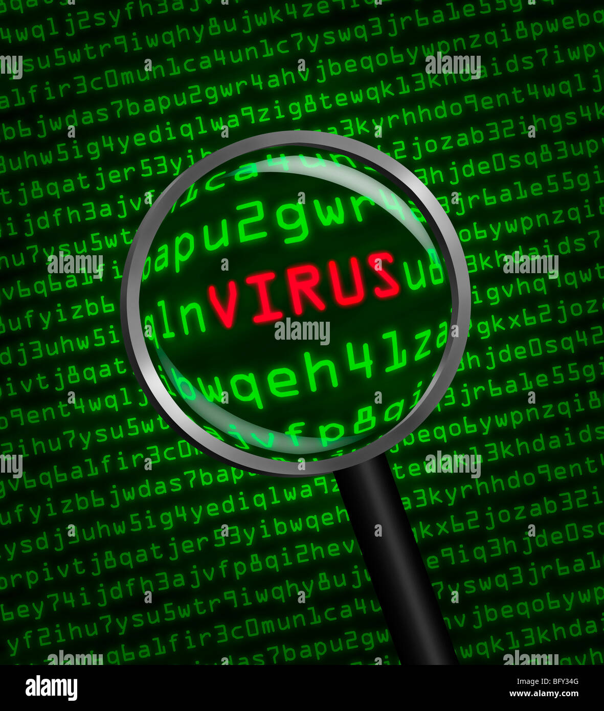 Lente di ingrandimento il posizionamento di un virus nel computer codice macchina Foto Stock