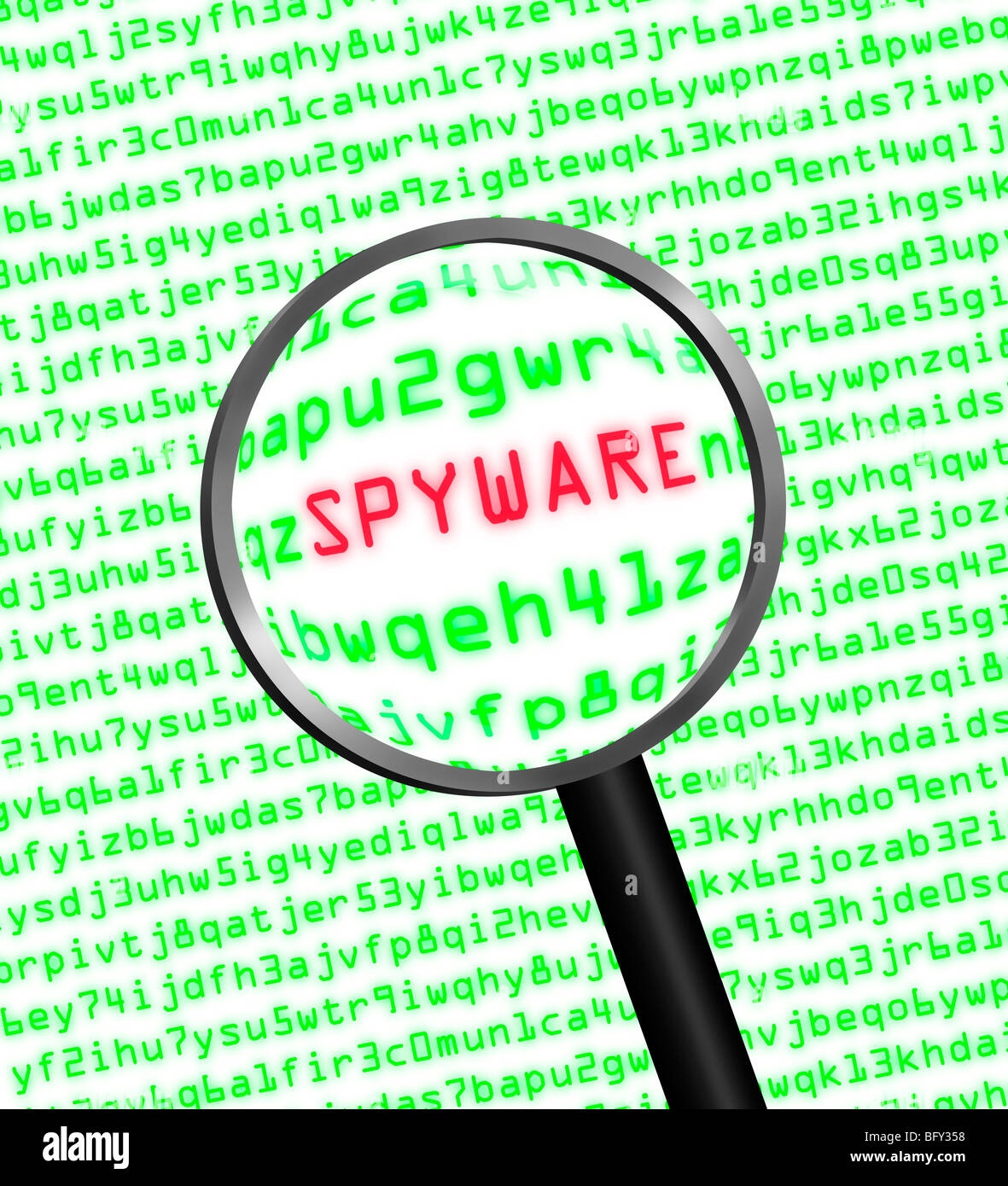 Lente di ingrandimento individuazione di spyware nel computer codice macchina Foto Stock