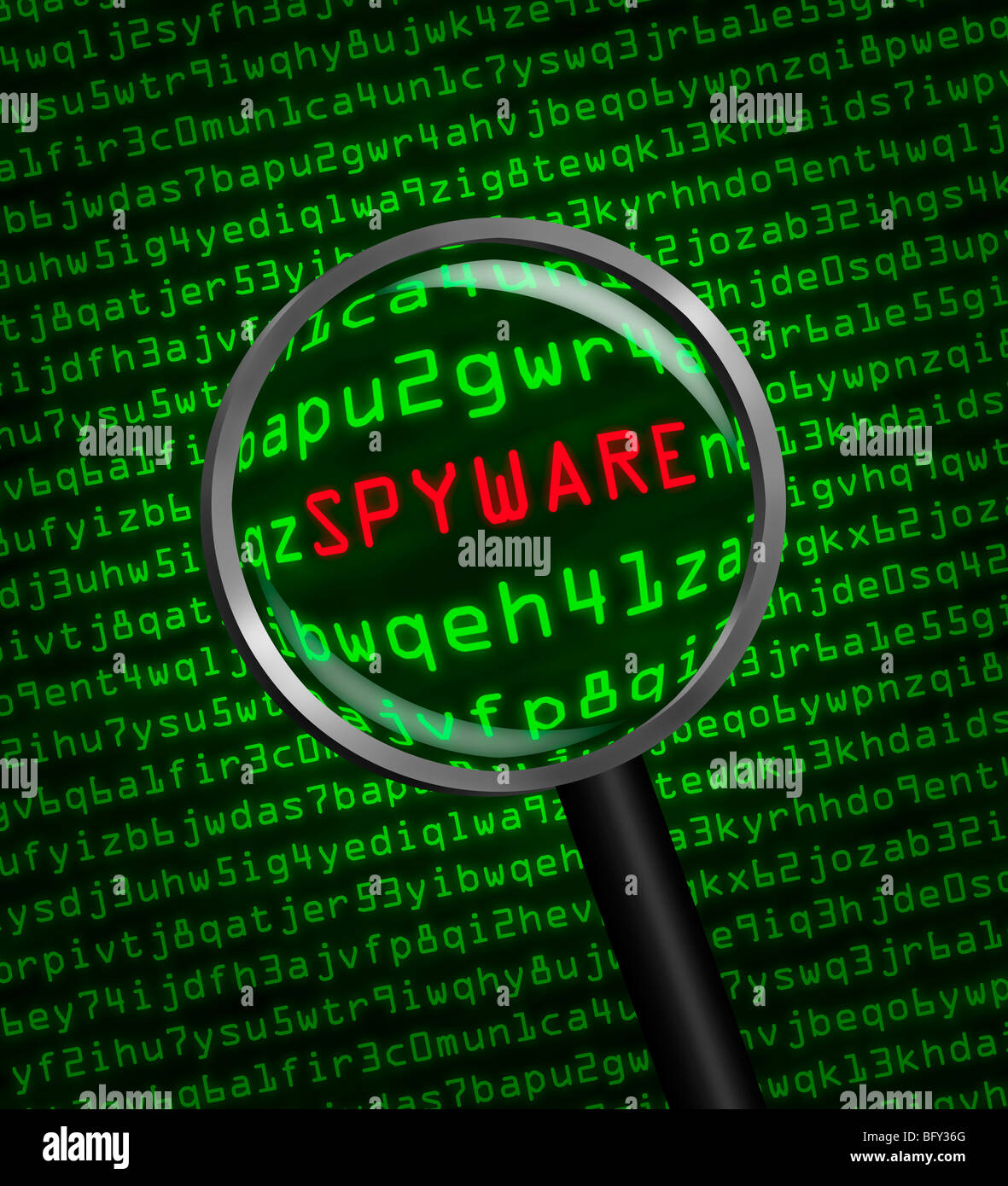 Lente di ingrandimento individuazione di spyware nel computer codice macchina Foto Stock