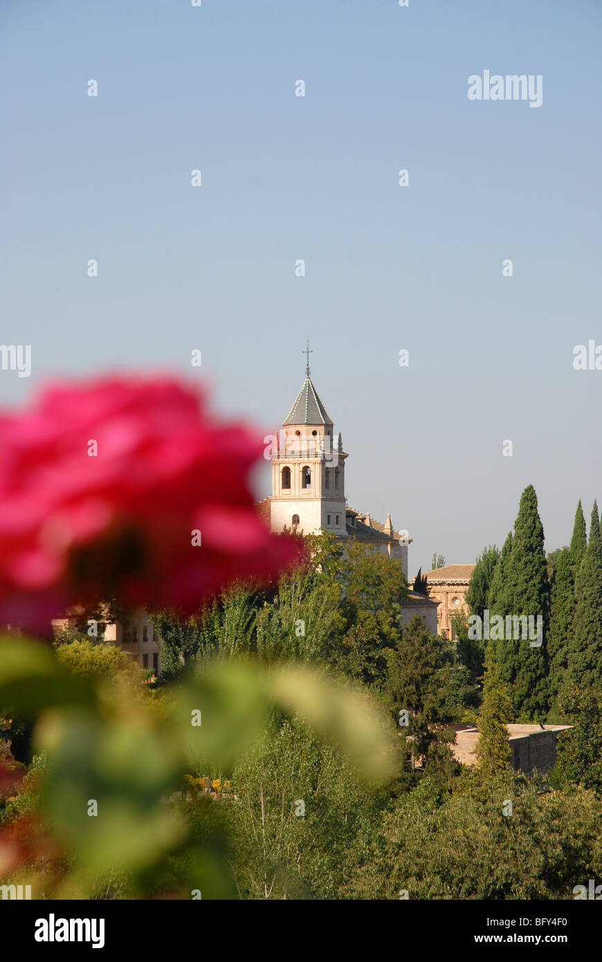 Vista da giardini del Generalife verso il palazzo di Alhambra e chiesa guglia, l'Alhambra di Granada, Andalusia, Spagna Foto Stock