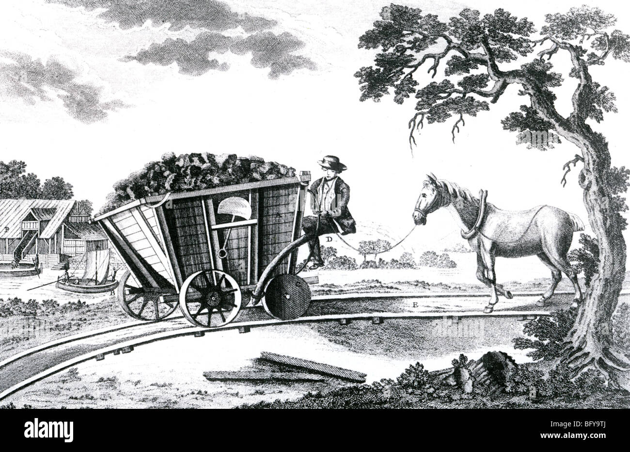 Le miniere di carbone di circa 1800. Carro su binari ferroviari è tirata indietro alla mia dal cavallo dopo lo scarico Foto Stock