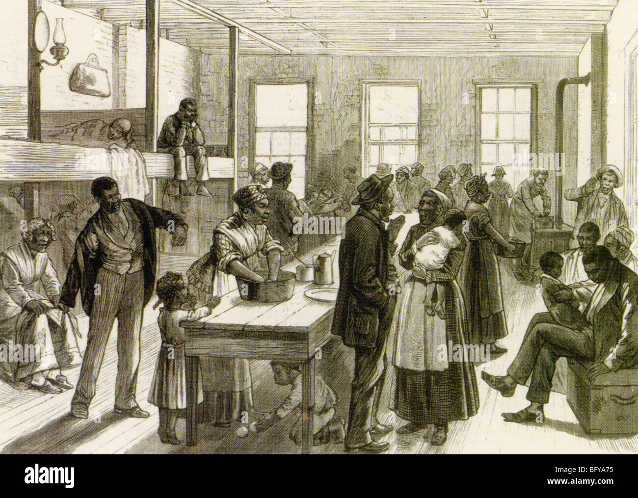LIBERIA - gli schiavi liberati dall'Arkansas di attesa in una New York church hall prima vela alla Liberia di circa 1870 Foto Stock
