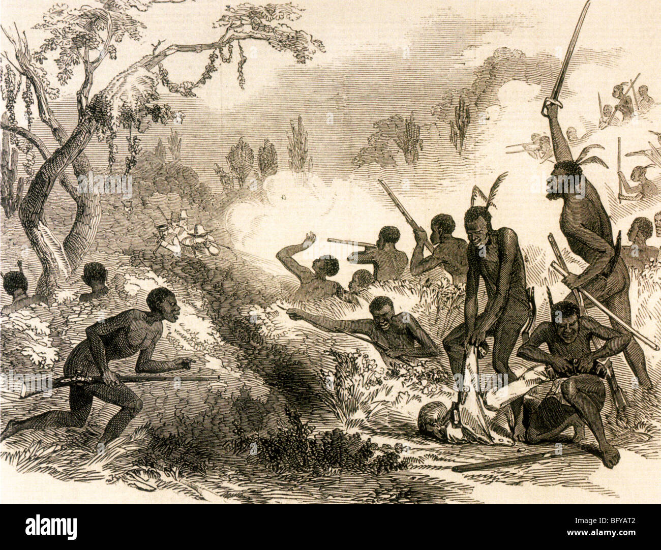 XHOSA tribesmen agguato le truppe britanniche in uno del capo guerre di frontiera anche noto come le guerre Kaffir a metà ottocento Foto Stock