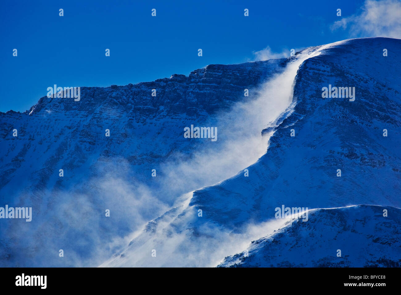 Il vento soffia neve fuori creste montane durante la tempesta, Waterton National Park, Alberta, Canada Foto Stock