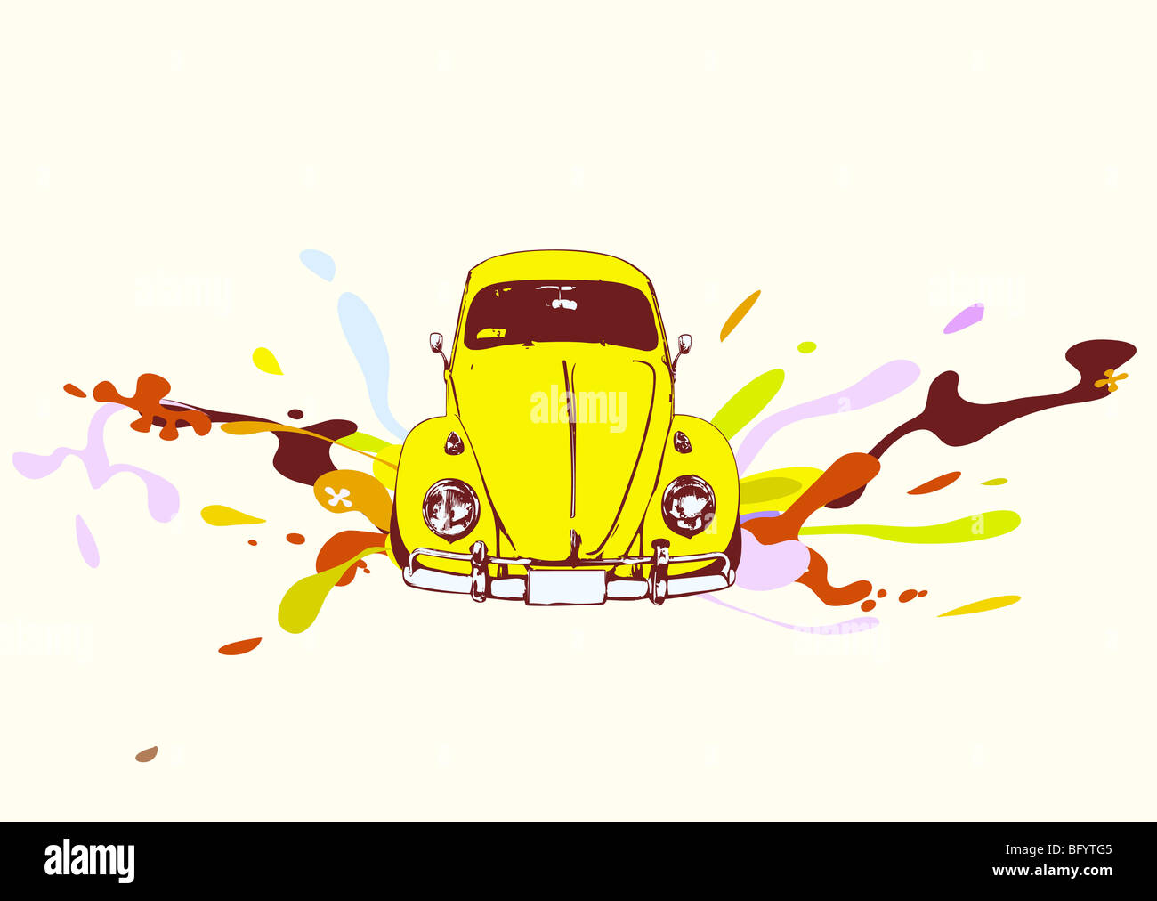 Illustrazione Vettoriale della vecchia abitudine Volkswagen Beatle su sfondo bianco con funky spruzzi di colore Foto Stock
