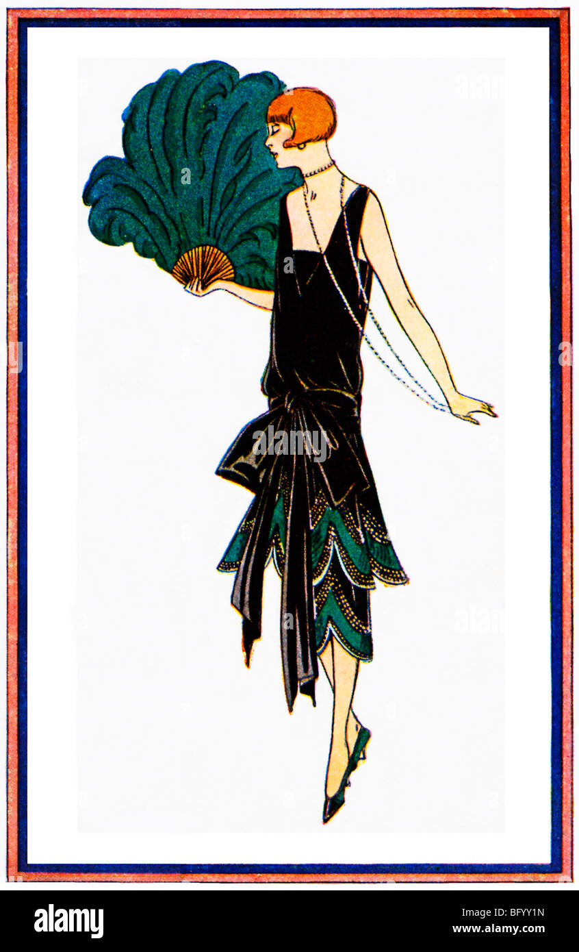 Brandt, 1925 Illustrazione Moda di un Art Deco satin nero tonaca da smart designer Foto Stock