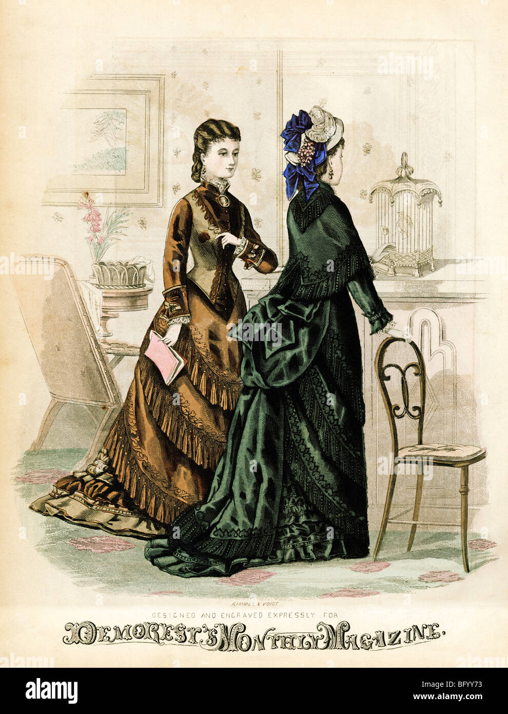 Demorests, maggio 1875, incisione dal mensile americano ladies rivista di moda famosa per i modelli di taglio e cucito Foto Stock