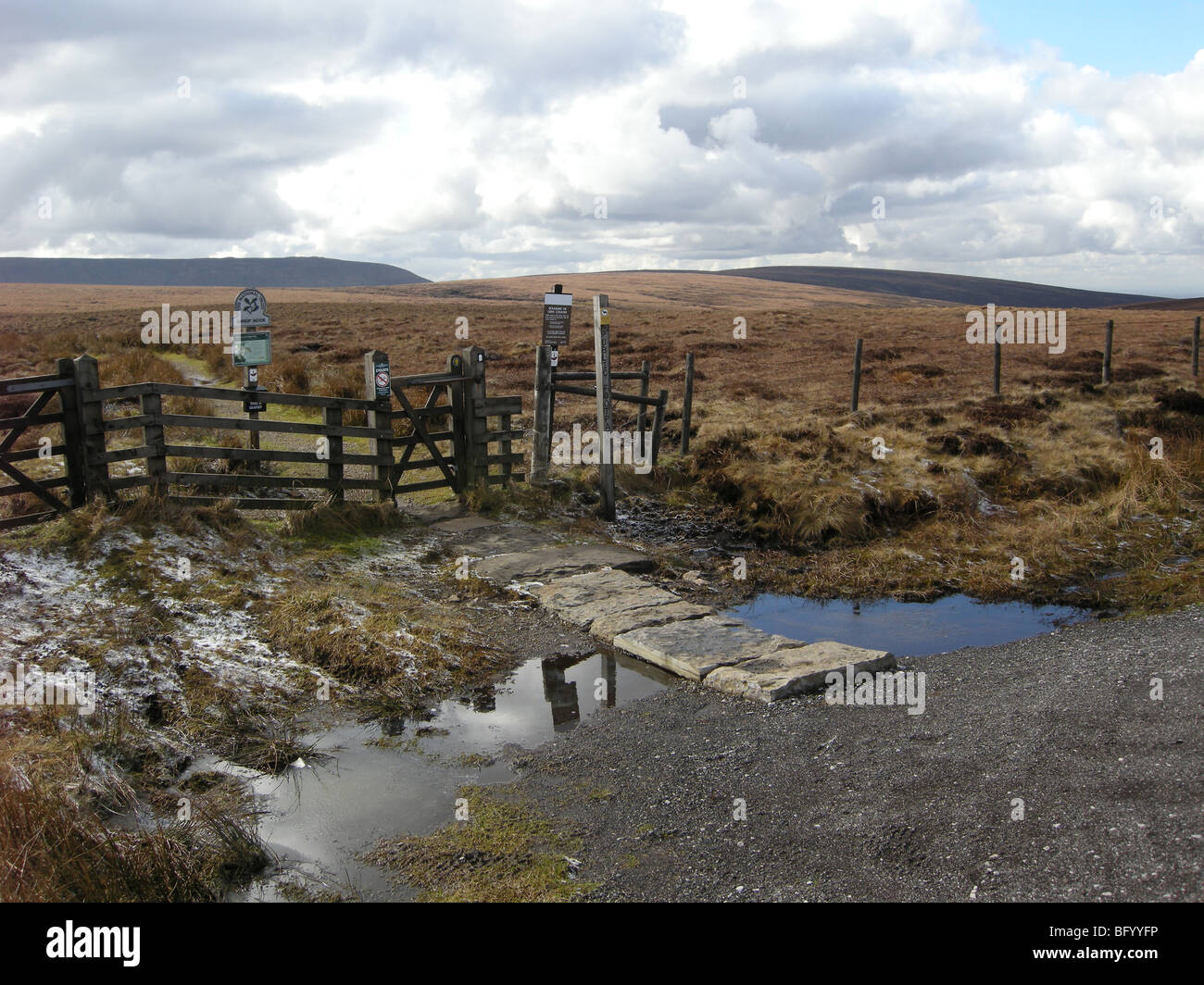 Cancello di recinzione e il sentiero sopra i mori sullo Snake Pass Derbyshire Inghilterra Foto Stock