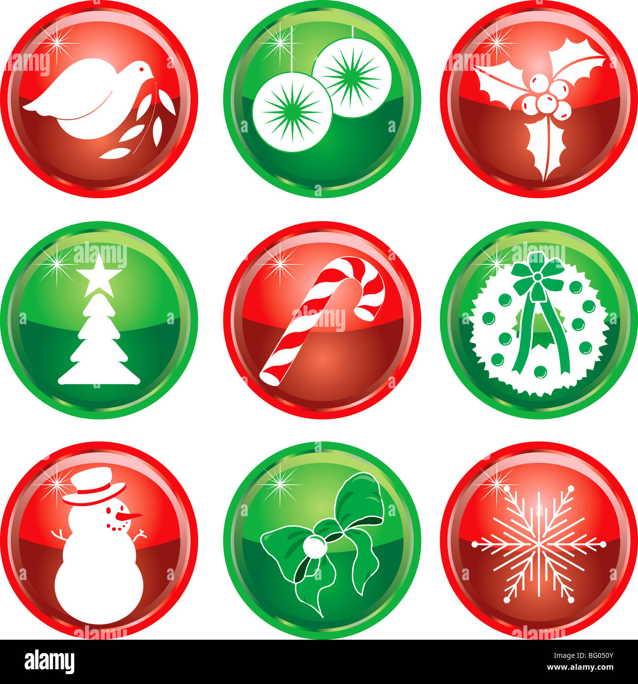 Set di nove Natale vacanza o i pulsanti icona. Illustrazione Vettoriale. Foto Stock