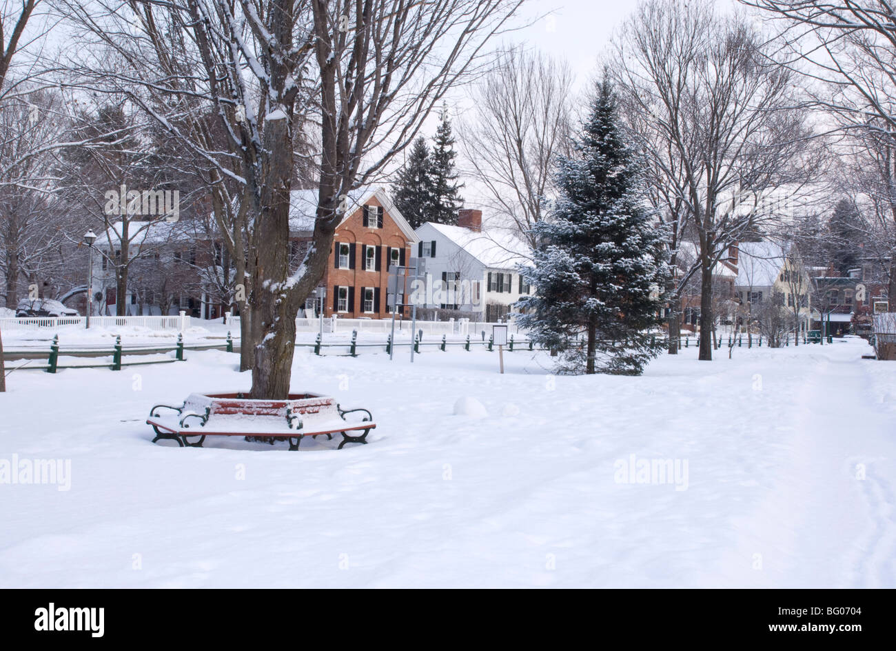 Il Villaggio Verde ricoperta di neve, Woodstock, Vermont, New England, Stati Uniti d'America, America del Nord Foto Stock