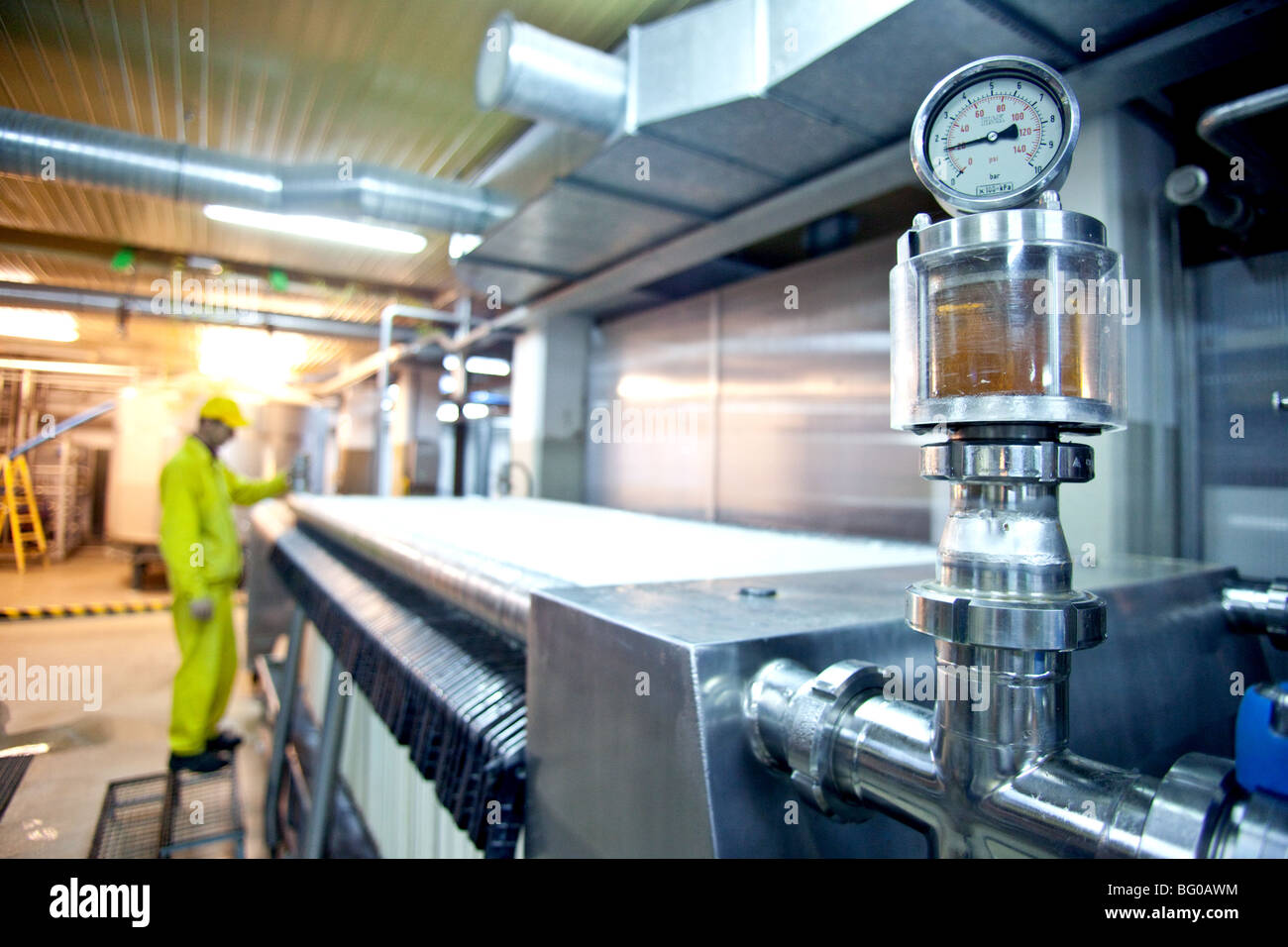 Una produzione birra filtro in una birreria, Polonia Foto Stock
