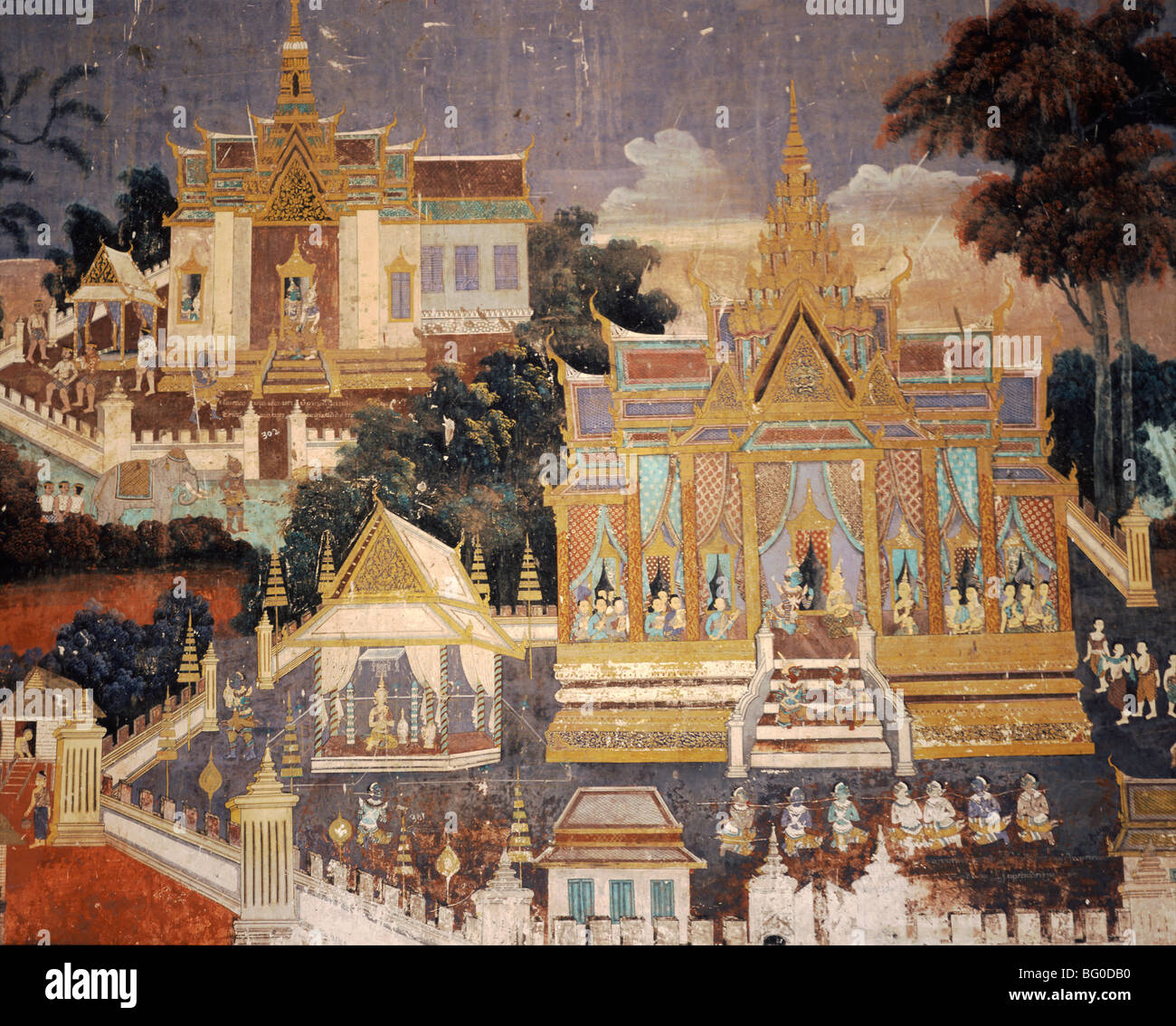 Murale del Royal Palace, all'interno della Pagoda d'argento tempio, Phnom Penh, Cambogia, Indocina, Asia sud-orientale, Asia Foto Stock