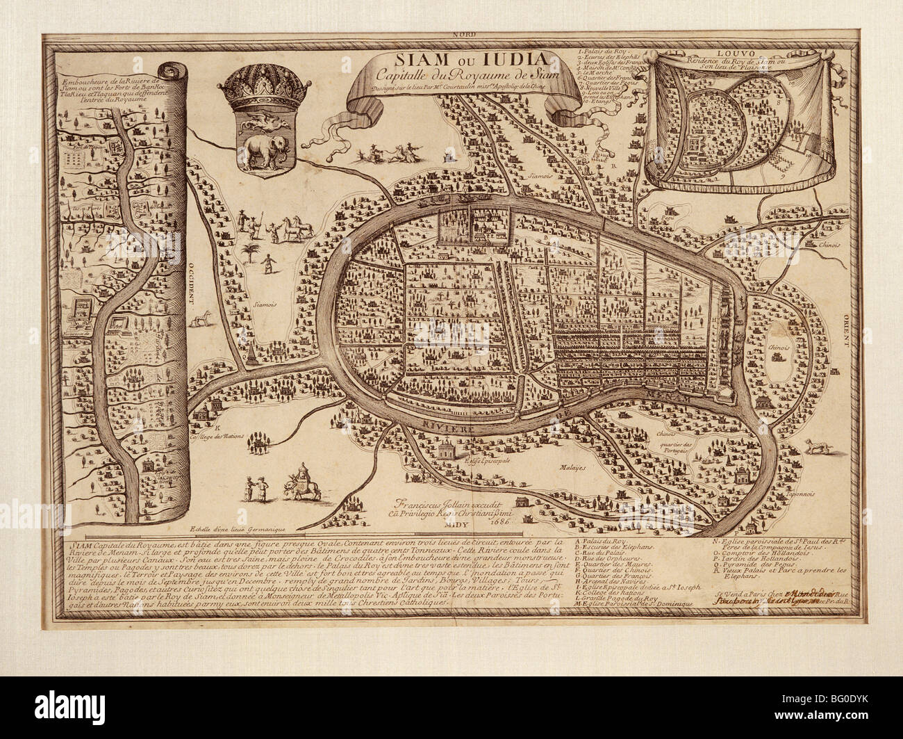 Mappa vecchia di Ayutthaya datata 1686, Thailandia, Sud-est asiatico, in Asia Foto Stock