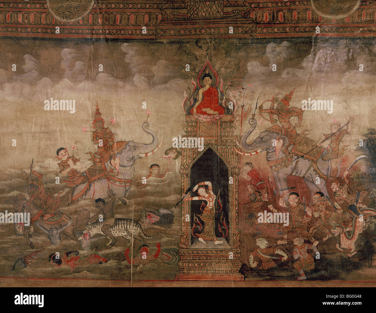 Pittura su stoffa di Buddha la vittoria su Mara, Thailandia, Sud-est asiatico, in Asia Foto Stock