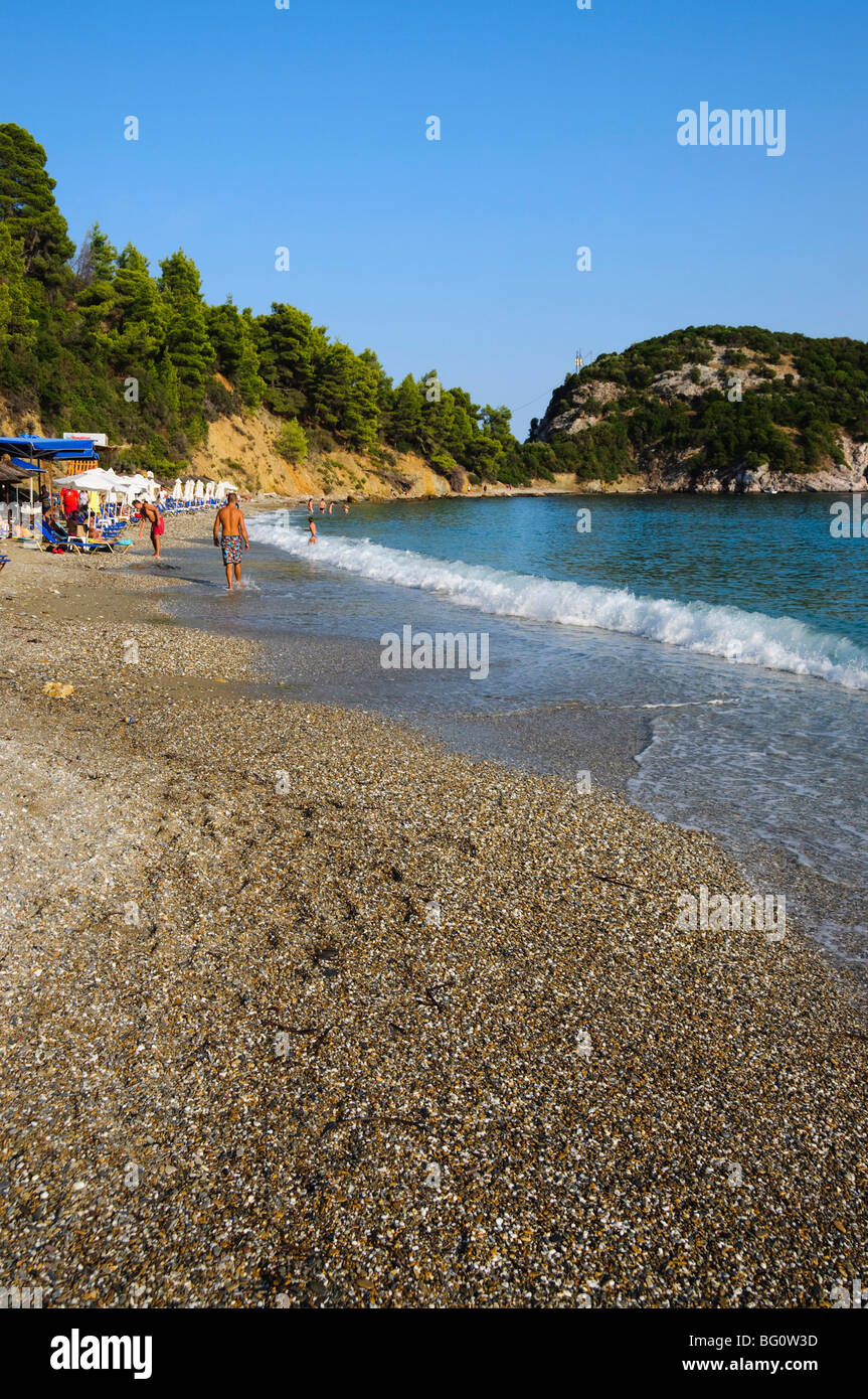 Spiaggia di Stafilos, Skopelos, Isole Sporadi, isole greche, Grecia, Europa Foto Stock