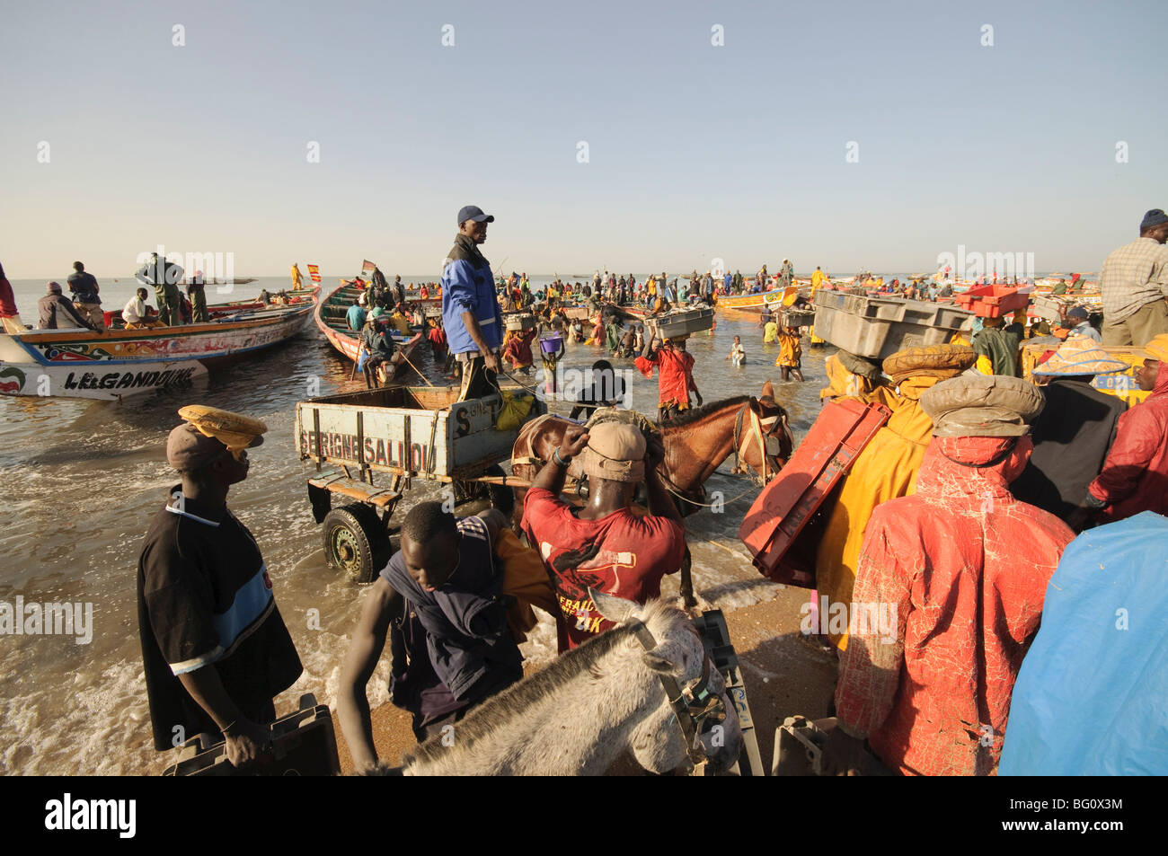 Lo scarico di barche da pesca (piroghe), Mbour Mercato del Pesce, Mbour, Senegal, Africa occidentale, Africa Foto Stock