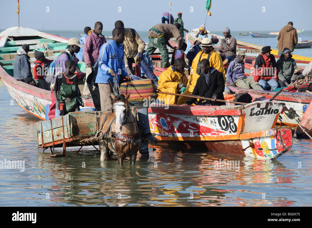 Lo scarico di barche da pesca (piroghe), Mbour Mercato del Pesce, Mbour, Senegal, Africa occidentale, Africa Foto Stock