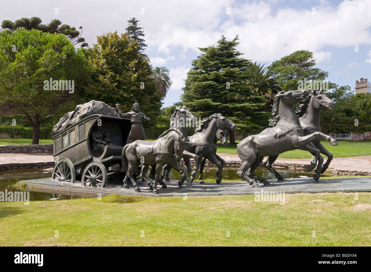 La Diligencia di Jose Belloni, una statua di bronzo di un diligenze e cavalli, Montevideo, Uruguay Sud America Foto Stock