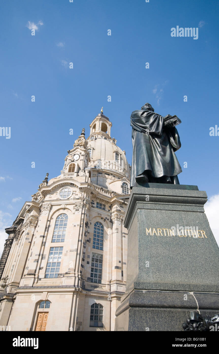 La Frauenkirche (Chiesa di Nostra Signora con la statua di Martin Lutero, Dresda, Sassonia, Germania, Europa Foto Stock