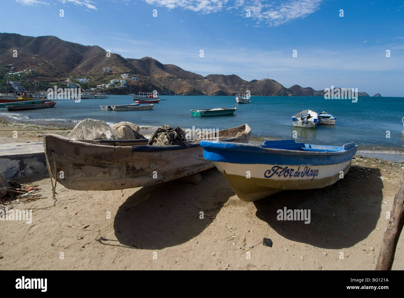 Spiaggia di Taganga, nei pressi di Santa Marta, Colombia, Sud America Foto Stock