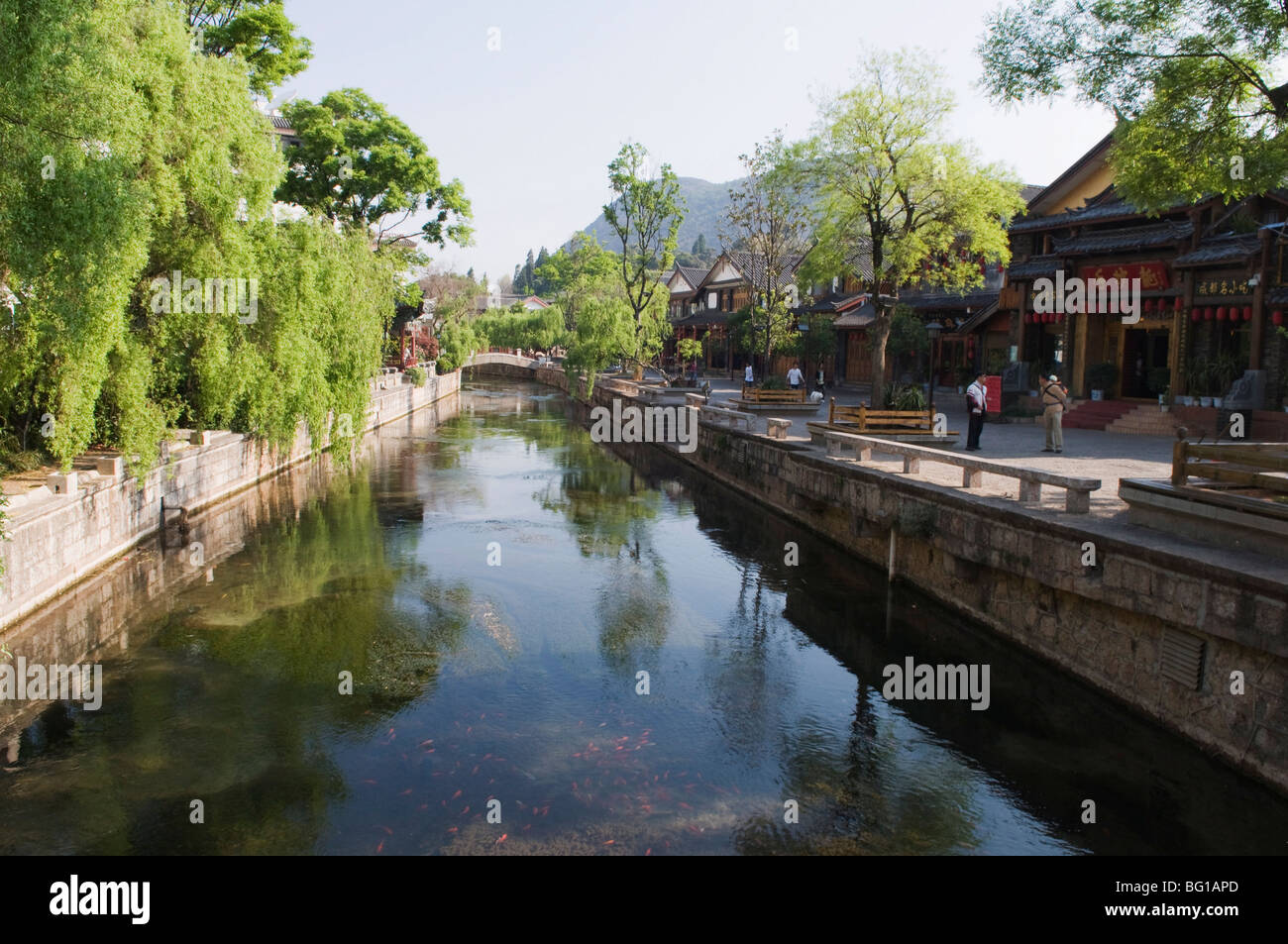 Riverside architettura tradizionale a Lijiang Old Town, Sito Patrimonio Mondiale dell'UNESCO, della provincia dello Yunnan in Cina e Asia Foto Stock