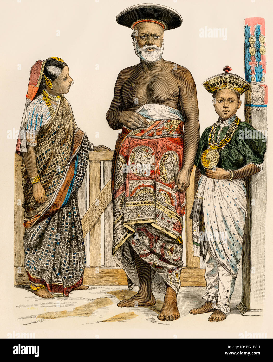 Donna indù di Ceylon (Sri Lanka), e un funzionario Singalese e la sua pagina, 1800s. Colorate a mano la stampa Foto Stock