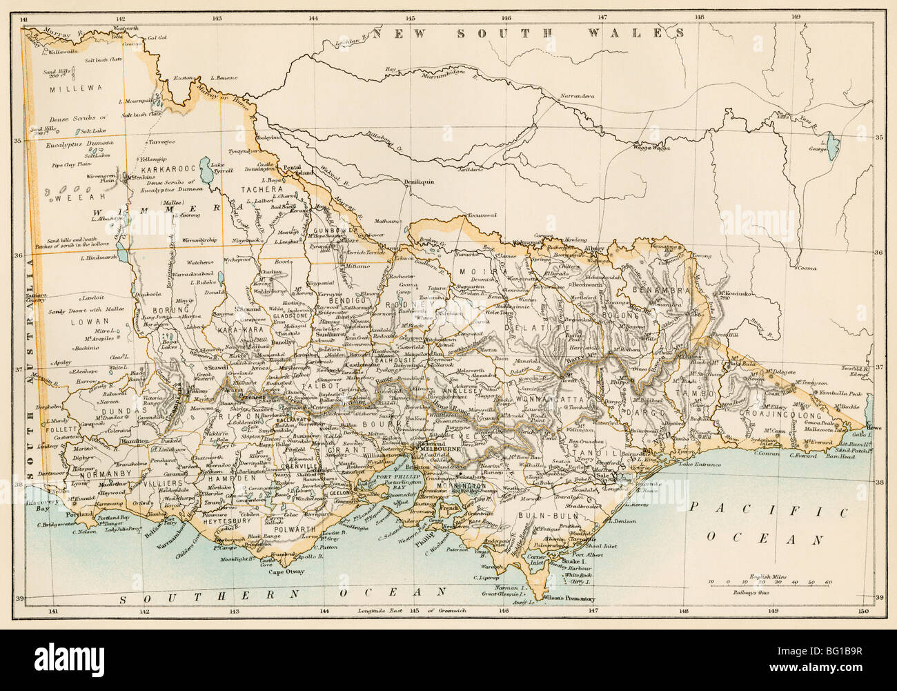 Mappa di Victoria, Australia, 1870s. Litografia a colori Foto Stock