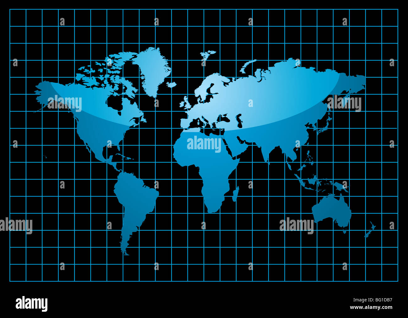 Blue World map con la riflessione della luce e la griglia su uno sfondo nero Foto Stock