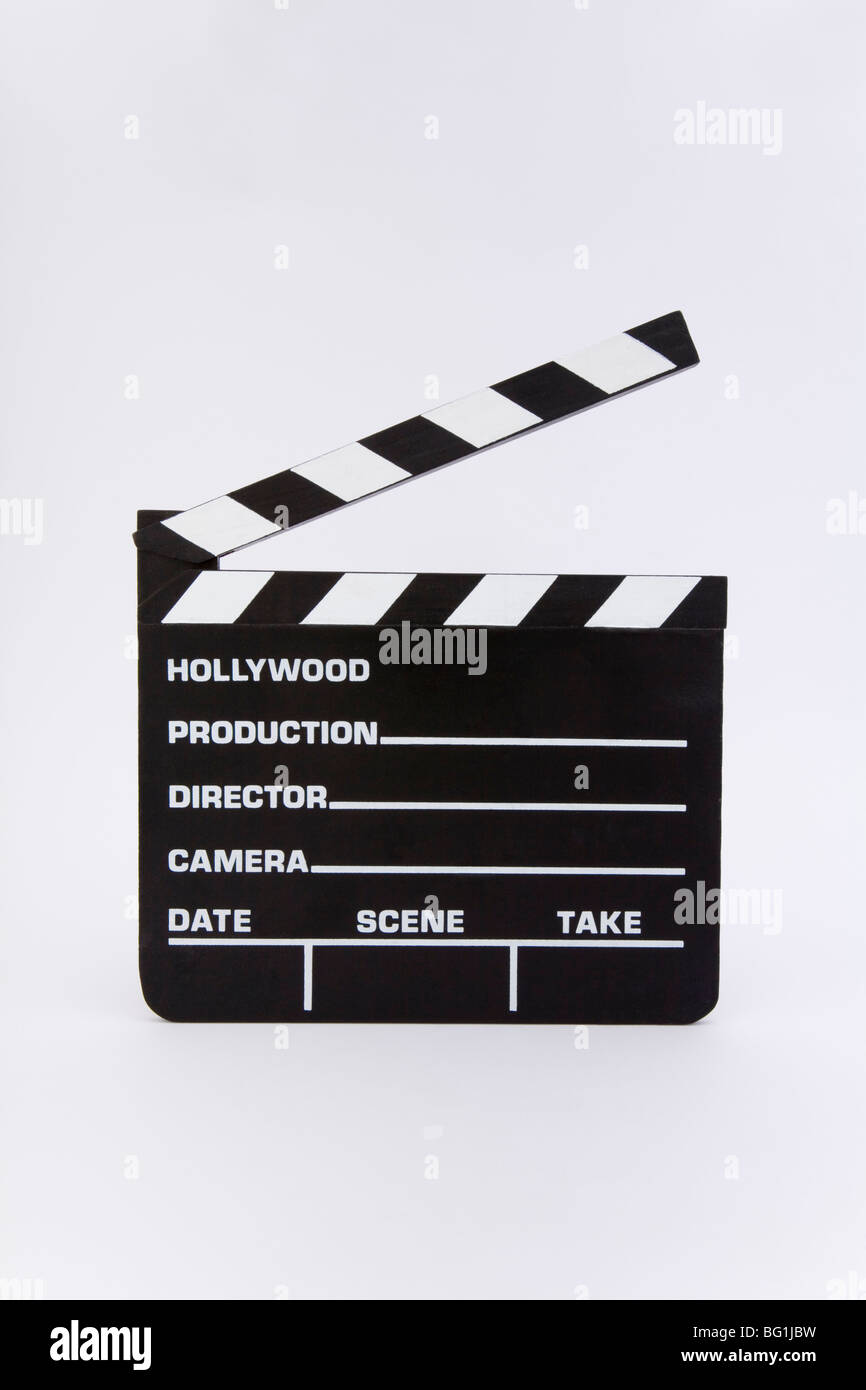 Filmato battaglio scheda lavagna ardesia Hollywood titolo prendere la produzione di una pellicola di rotolo di film tagliato direttore edit movie studio motion shoot Foto Stock