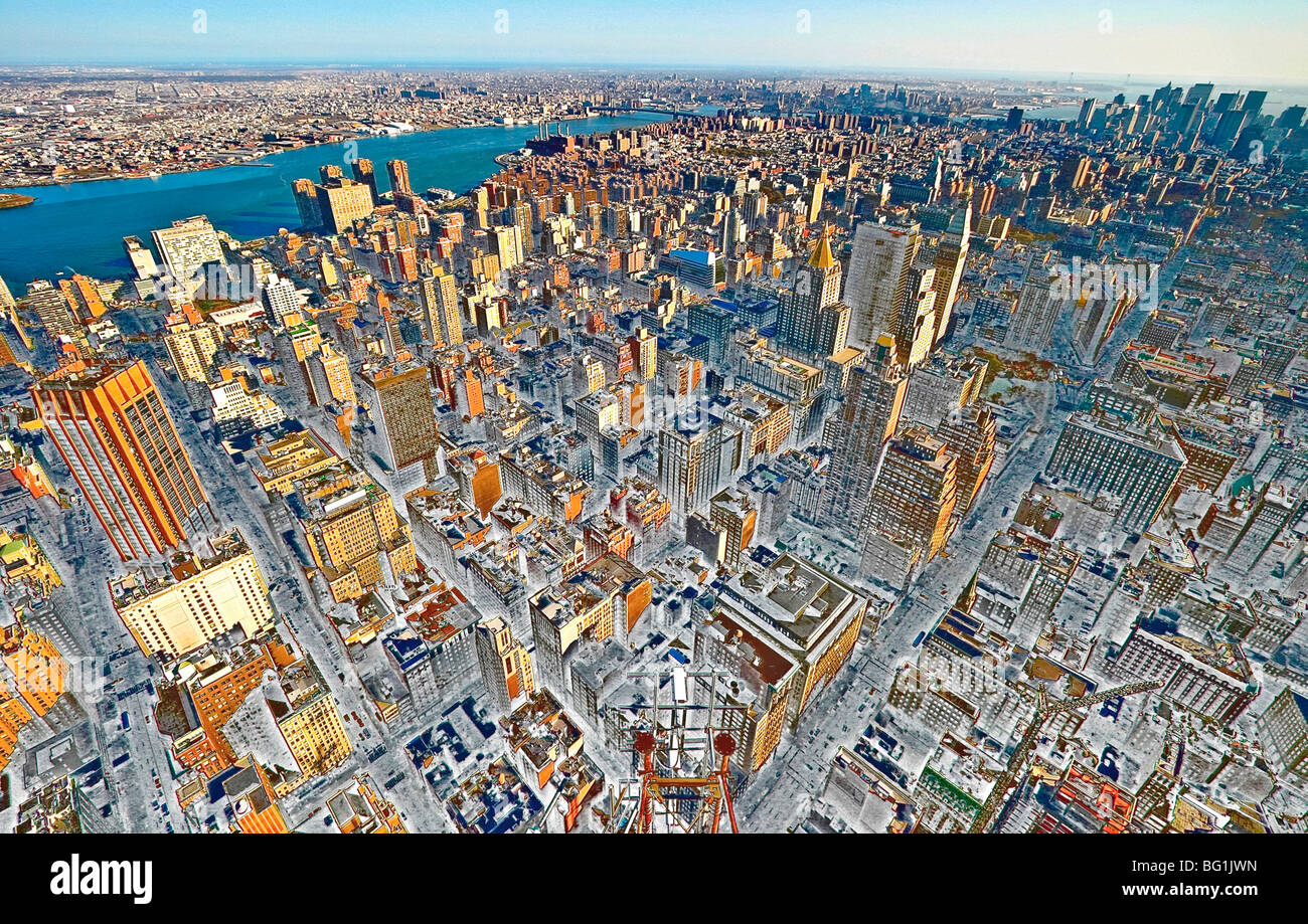 Solarized immagine di Lower Manhattan visto dalla cima di Empire State Building all'imbrunire, guardando principalmente a sud. Foto Stock