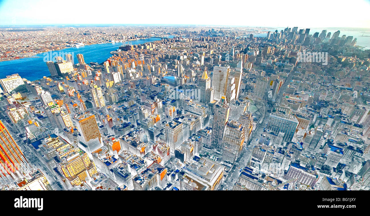 Solarized immagine di Lower Manhattan visto dalla cima di Empire State Building all'imbrunire, guardando verso l'East River. Foto Stock