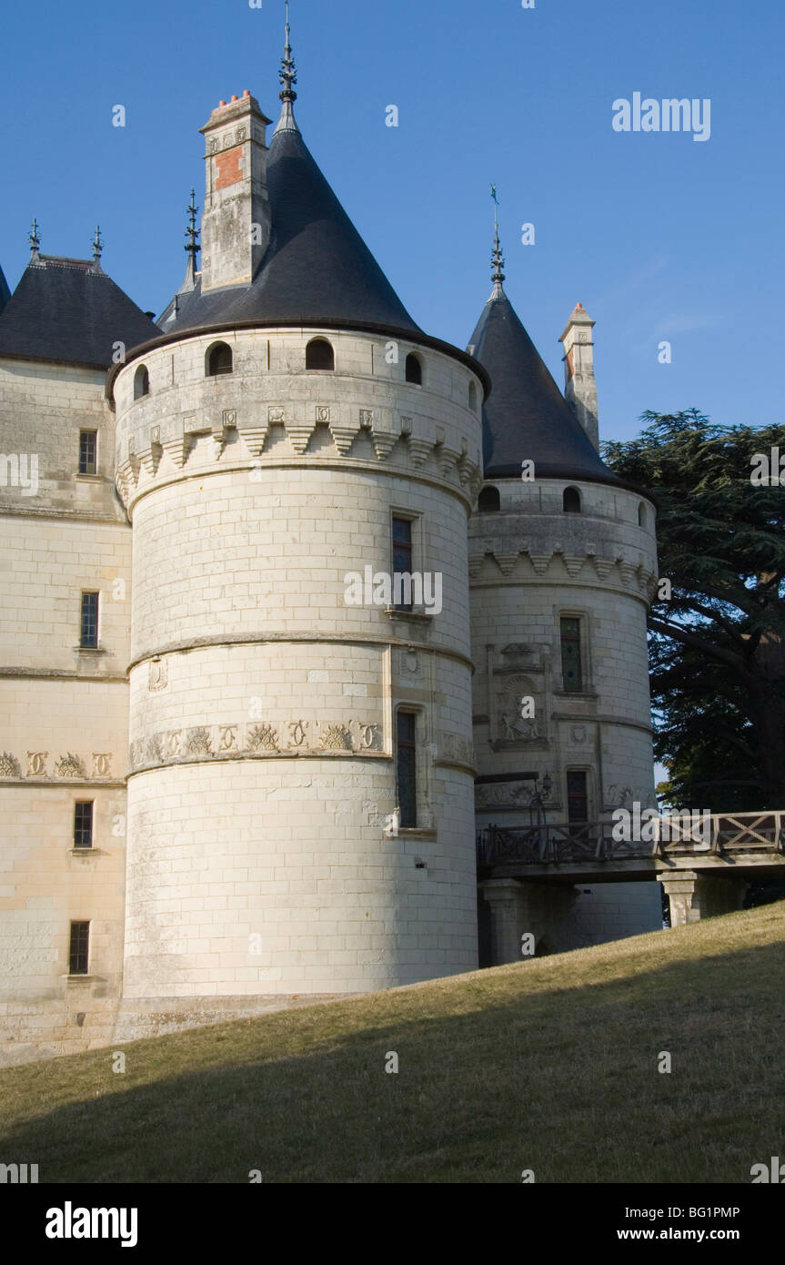 Il Gate Towers, Chateau de Chaumont, Loir-et-Cher, Valle della Loira, in Francia, in Europa Foto Stock