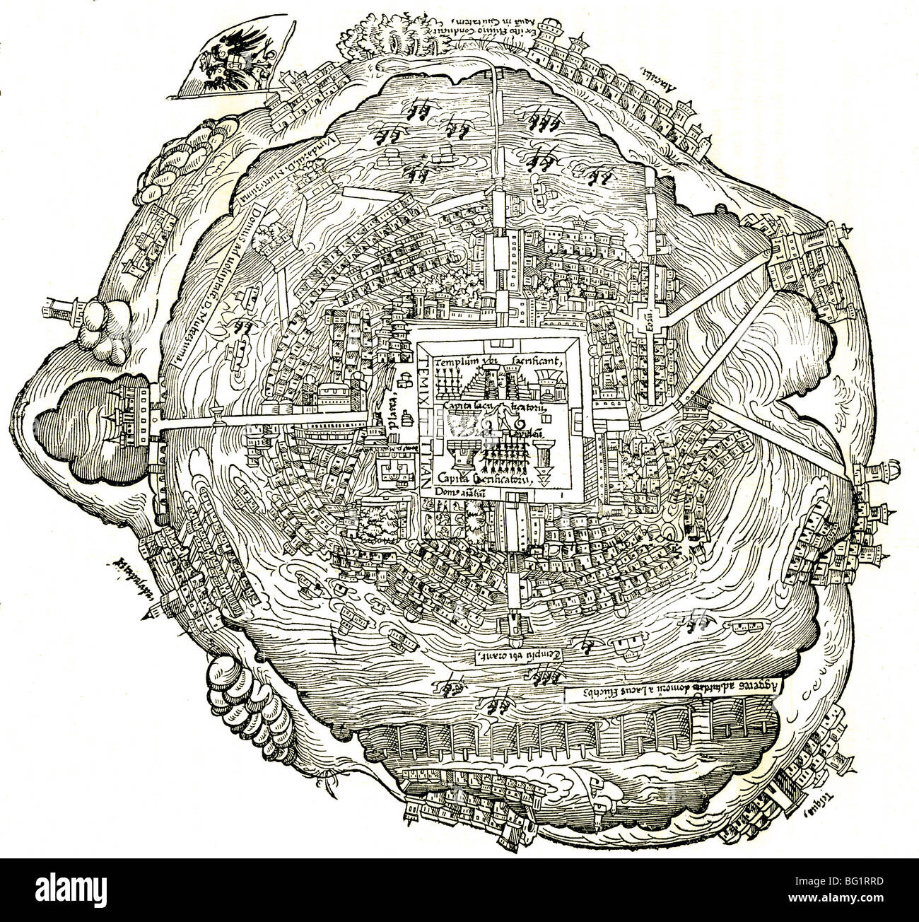 TENOCHTITLAN - La capitale azteca come disegnato da Cortes e pubblicato nel 1524. Sito del giorno attuale Città Del Messico Foto Stock