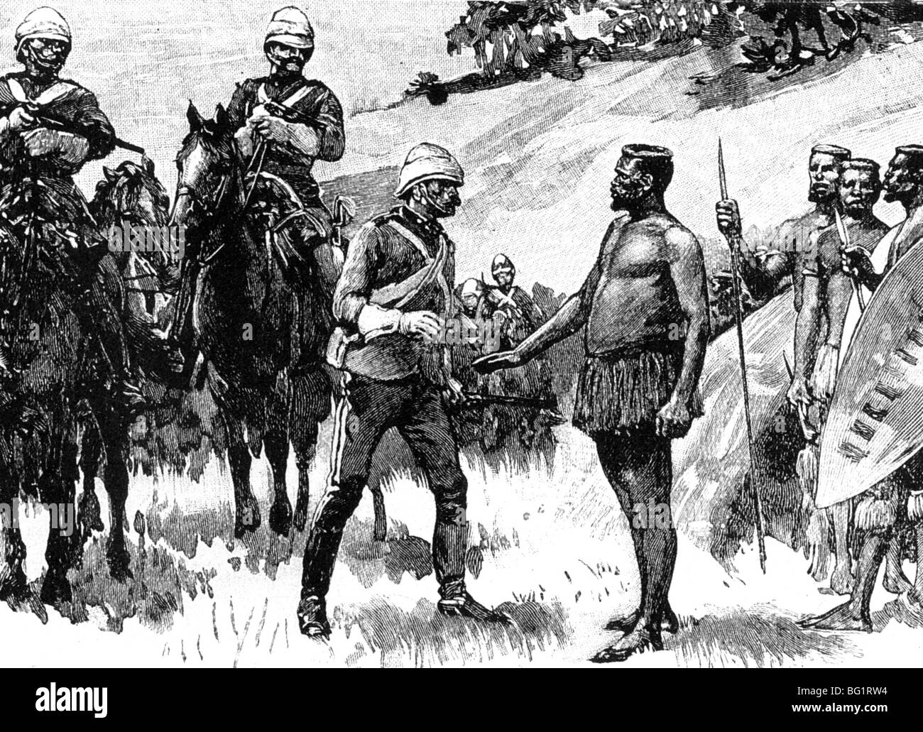 Rinuncia di incisione CETEWAYO mostra il capo zulu arrendersi dopo la cattura della sua capitale Ulundi nel luglio 1879 Foto Stock