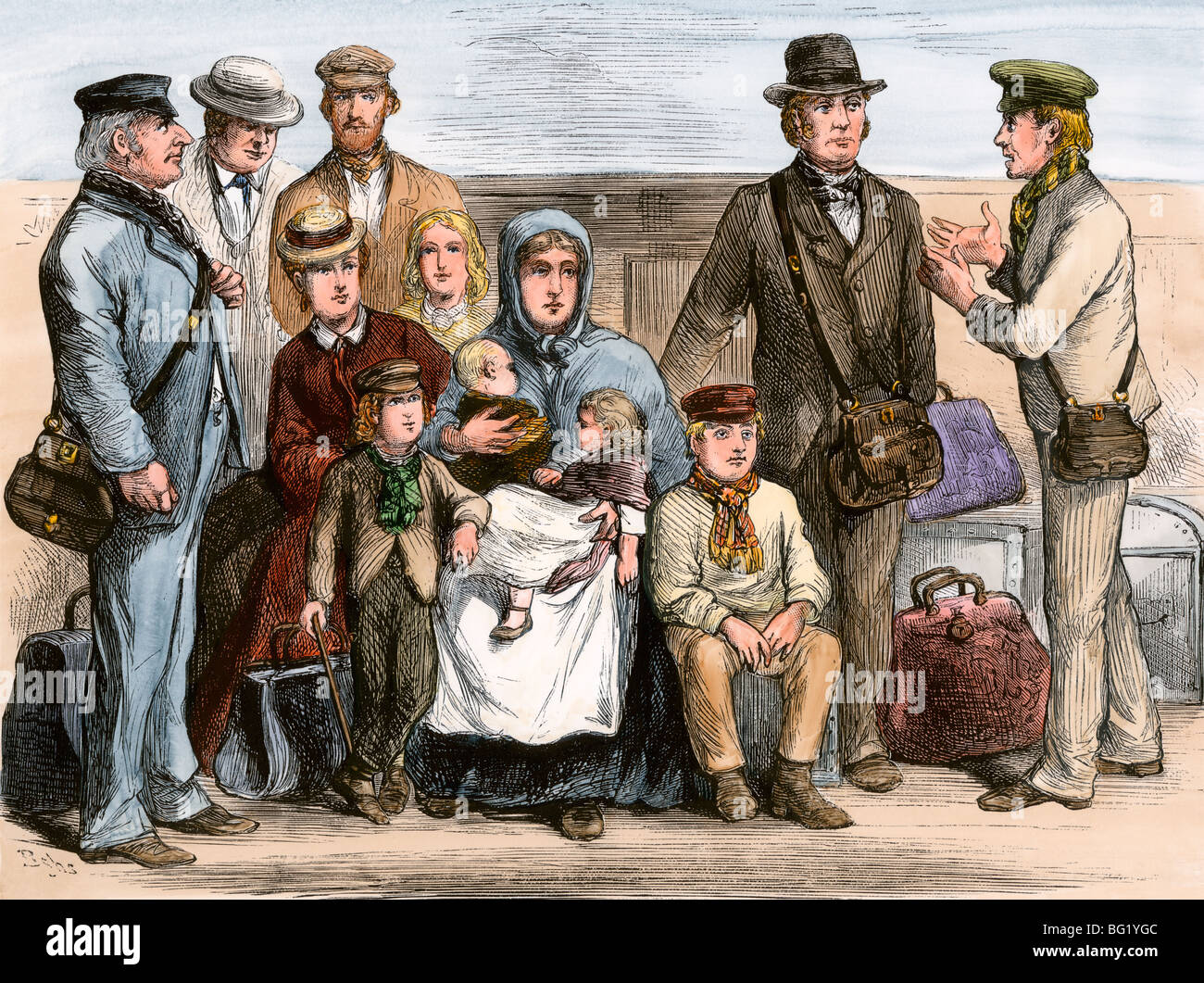 Mennonita immigrati dalla Russia in arrivo a New York per il viaggio in territorio Dakota, 1873. Colorate a mano la xilografia Foto Stock