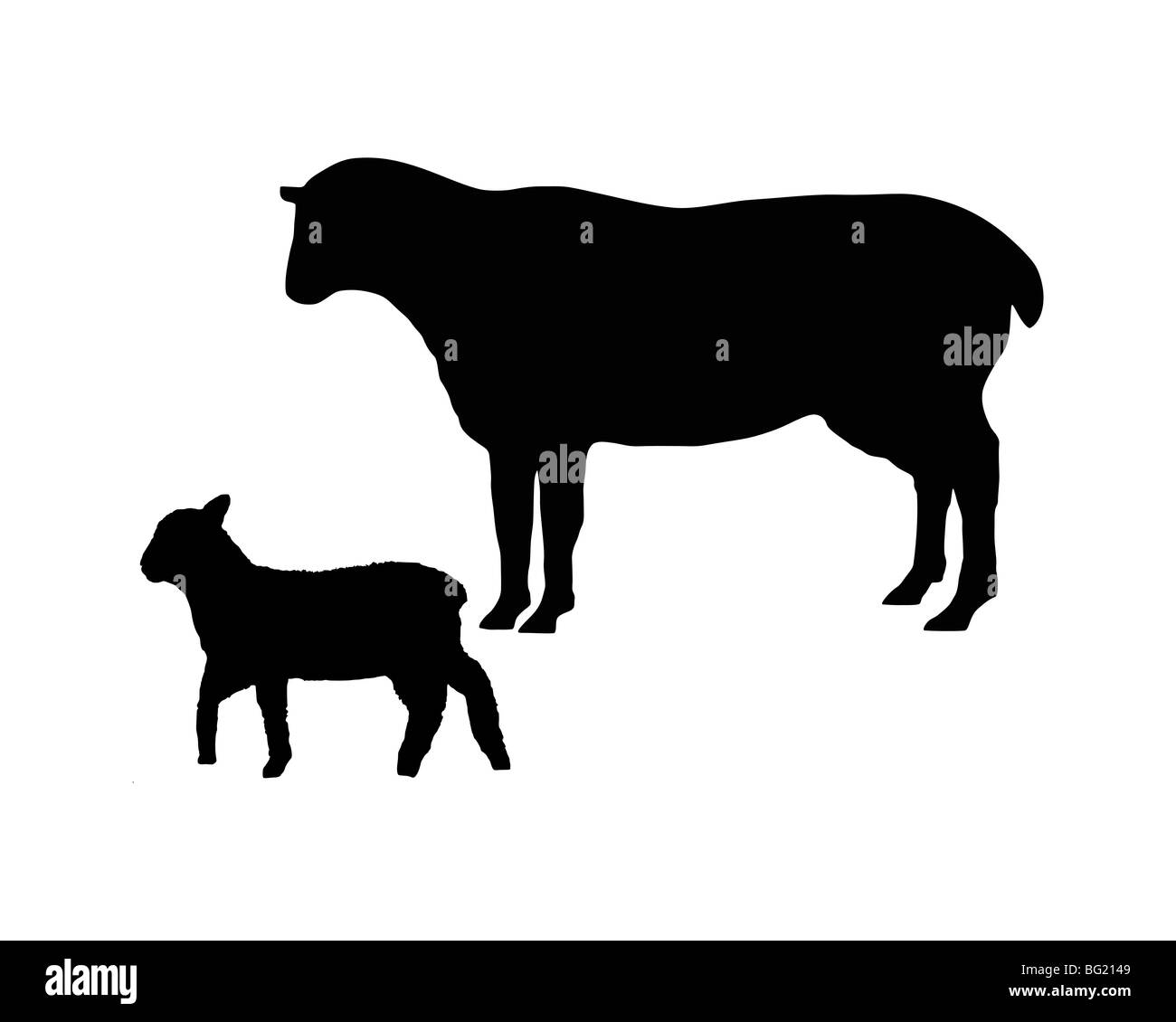 La silhouette nera di una pecora e di un agnello su bianco Foto Stock