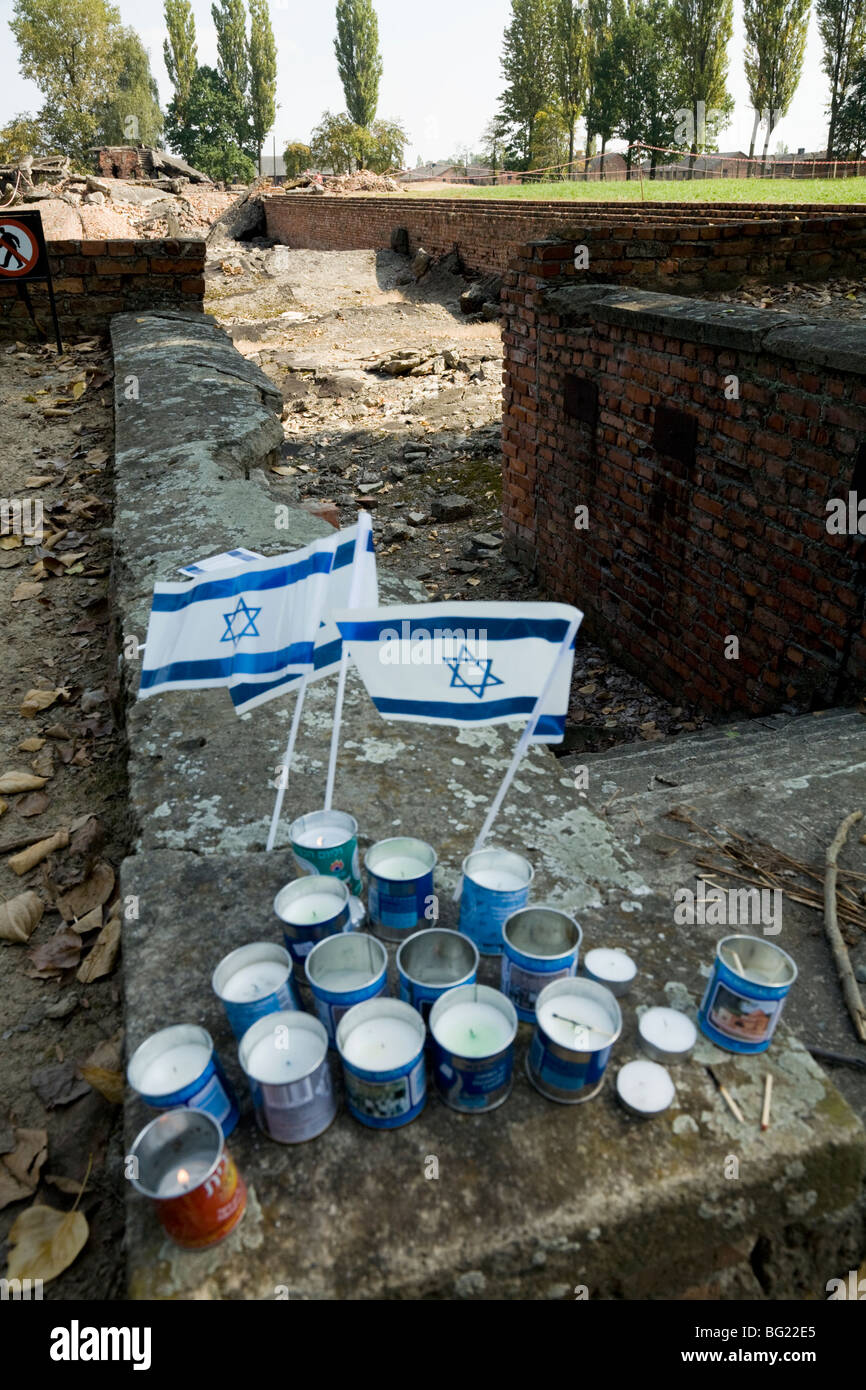 Memorial candele / Flags: veglia in rovine delle camere a gas di Birkenau (Auschwitz II - Birkenau) morte nazista camp. Oswiecim, Polonia Foto Stock