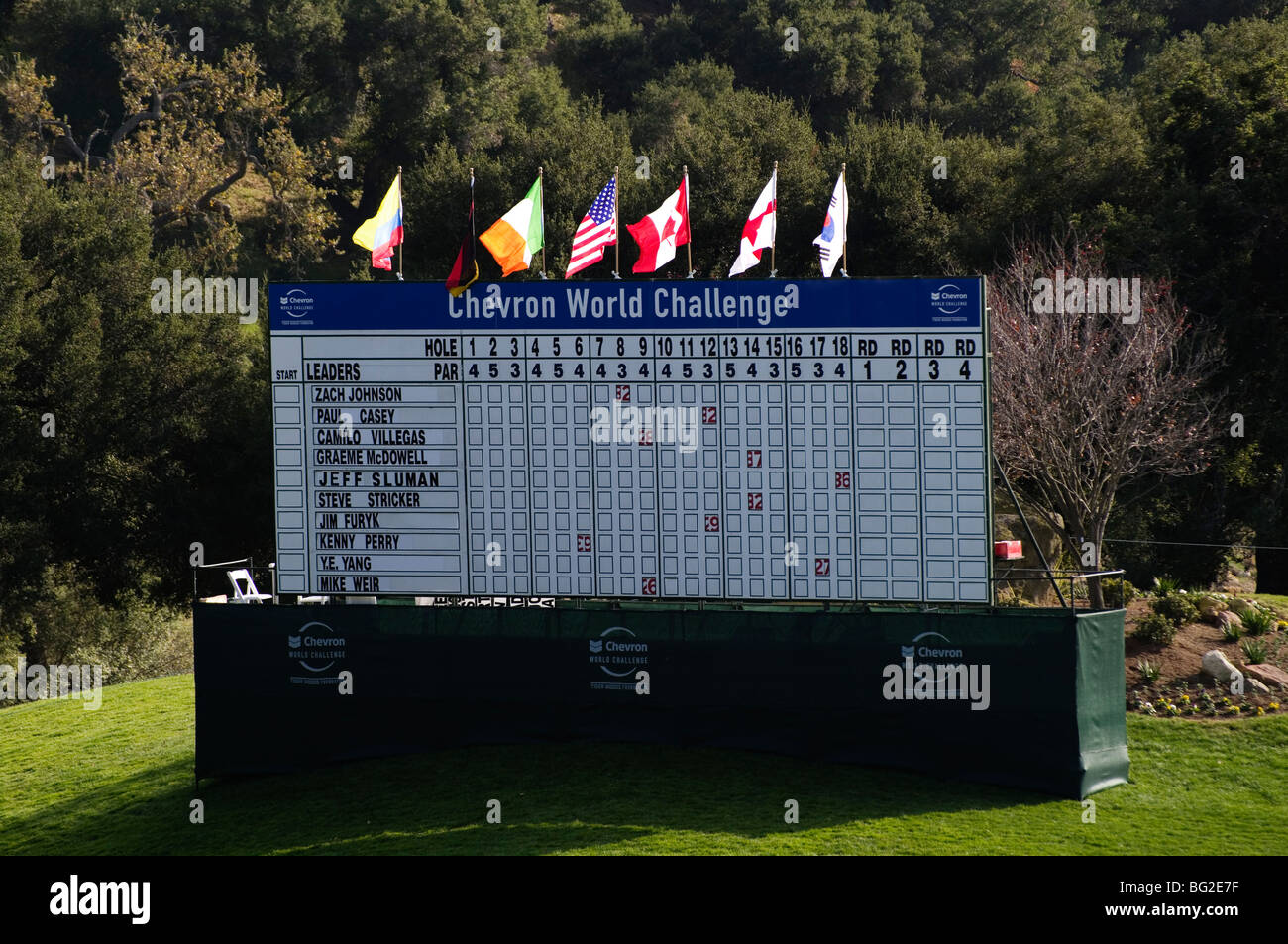 Quadro di valutazione per il Pro Am round a Chevron World Challenge a Sherwood Country club. Foto Stock