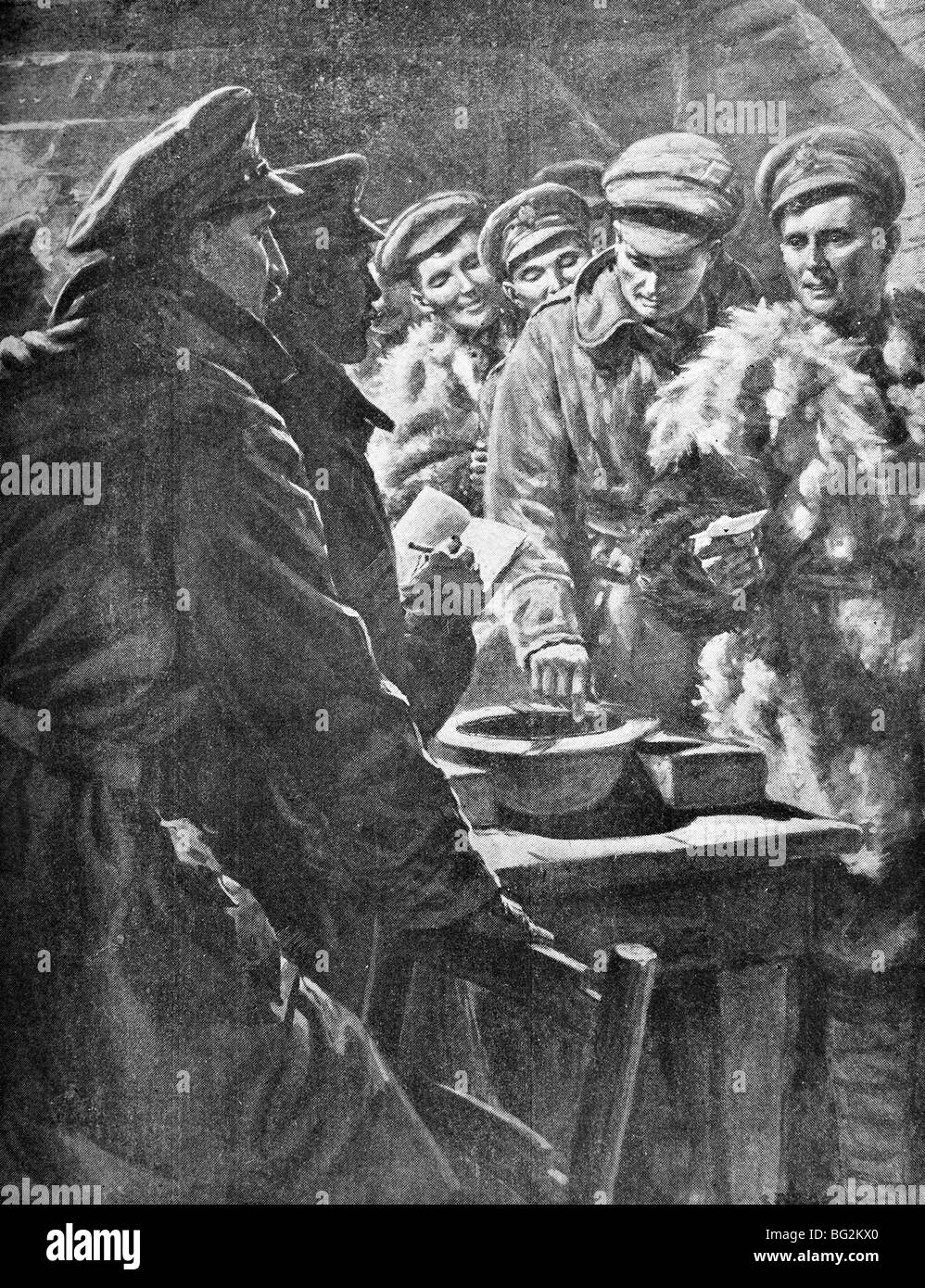 Contemporary WW1 illustrazione che mostra le truppe britanniche di estrazione a sorte in Francia nel 1916 per determinare chi ottiene "lascia" a Natale. Foto Stock