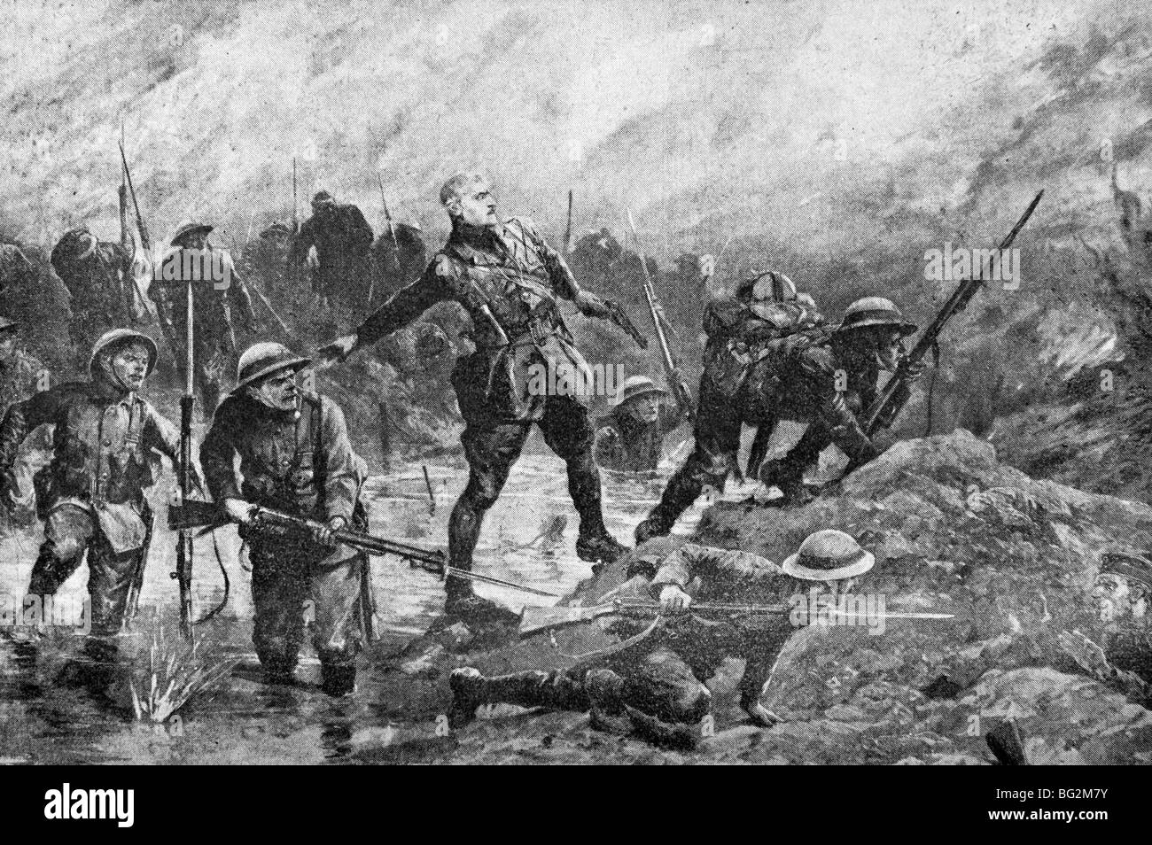 Contemporary WW1 illustrazione delle truppe britanniche di effettuare un chiaro di luna assalto contro le linee tedesche sulla Somme nel 1916. Foto Stock