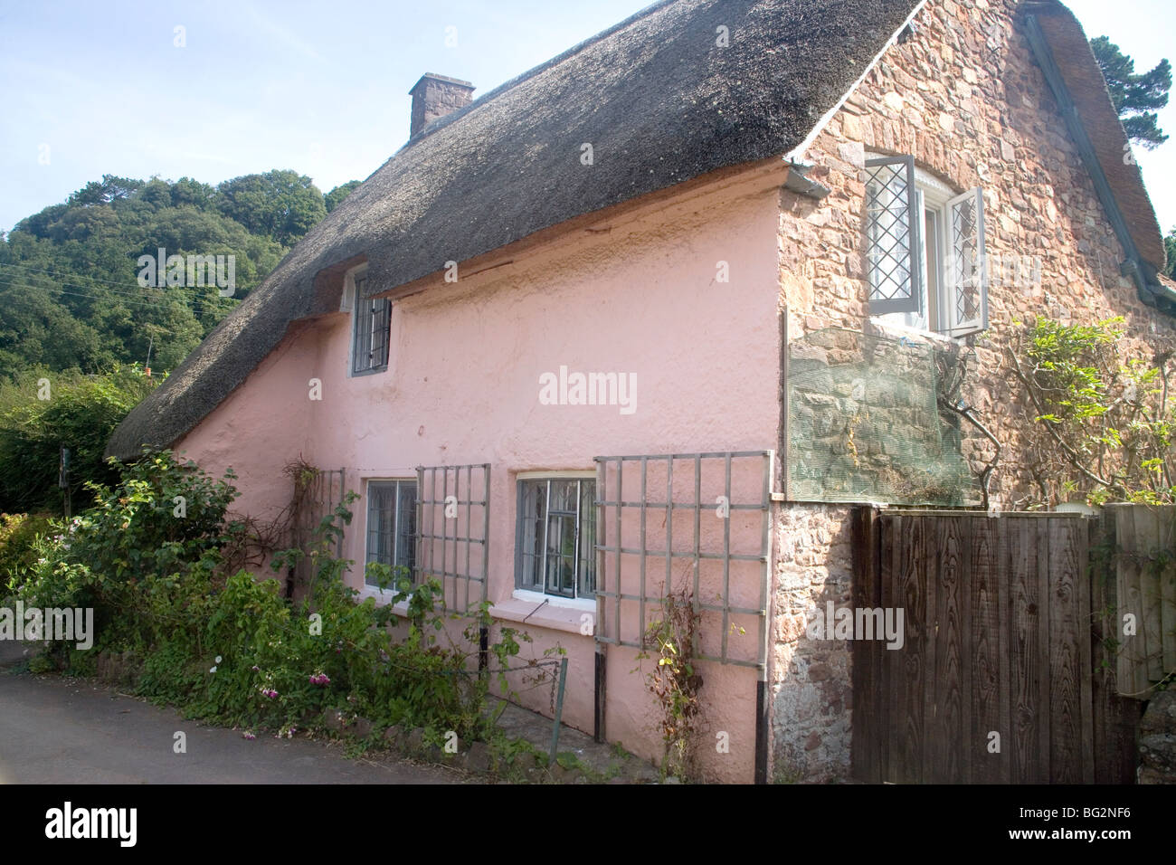 Cottage con tetto in paglia in dunster Foto Stock